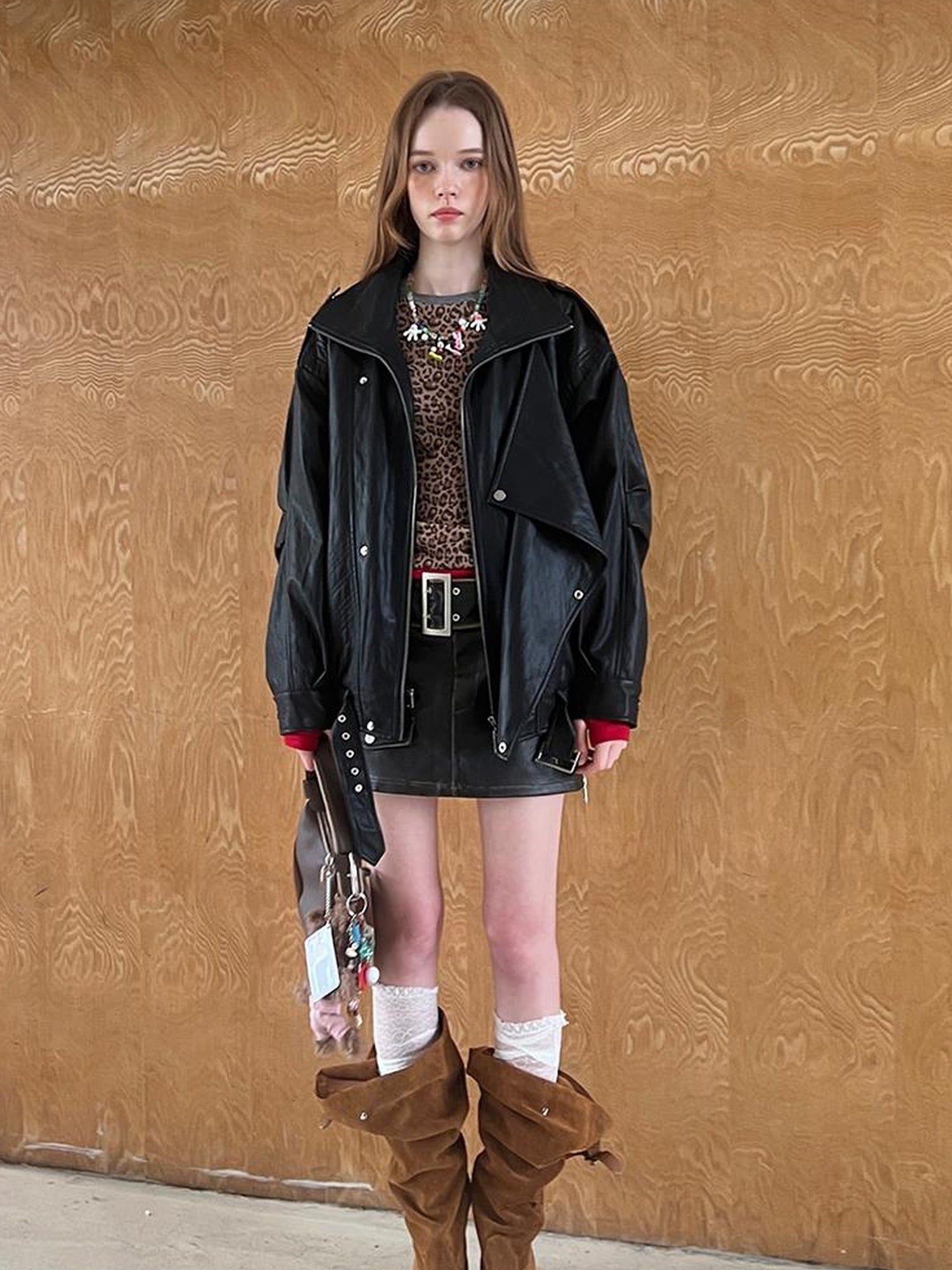 DIDDI MODA Sweet Punk Quilted Oversize PU Biker Jacket