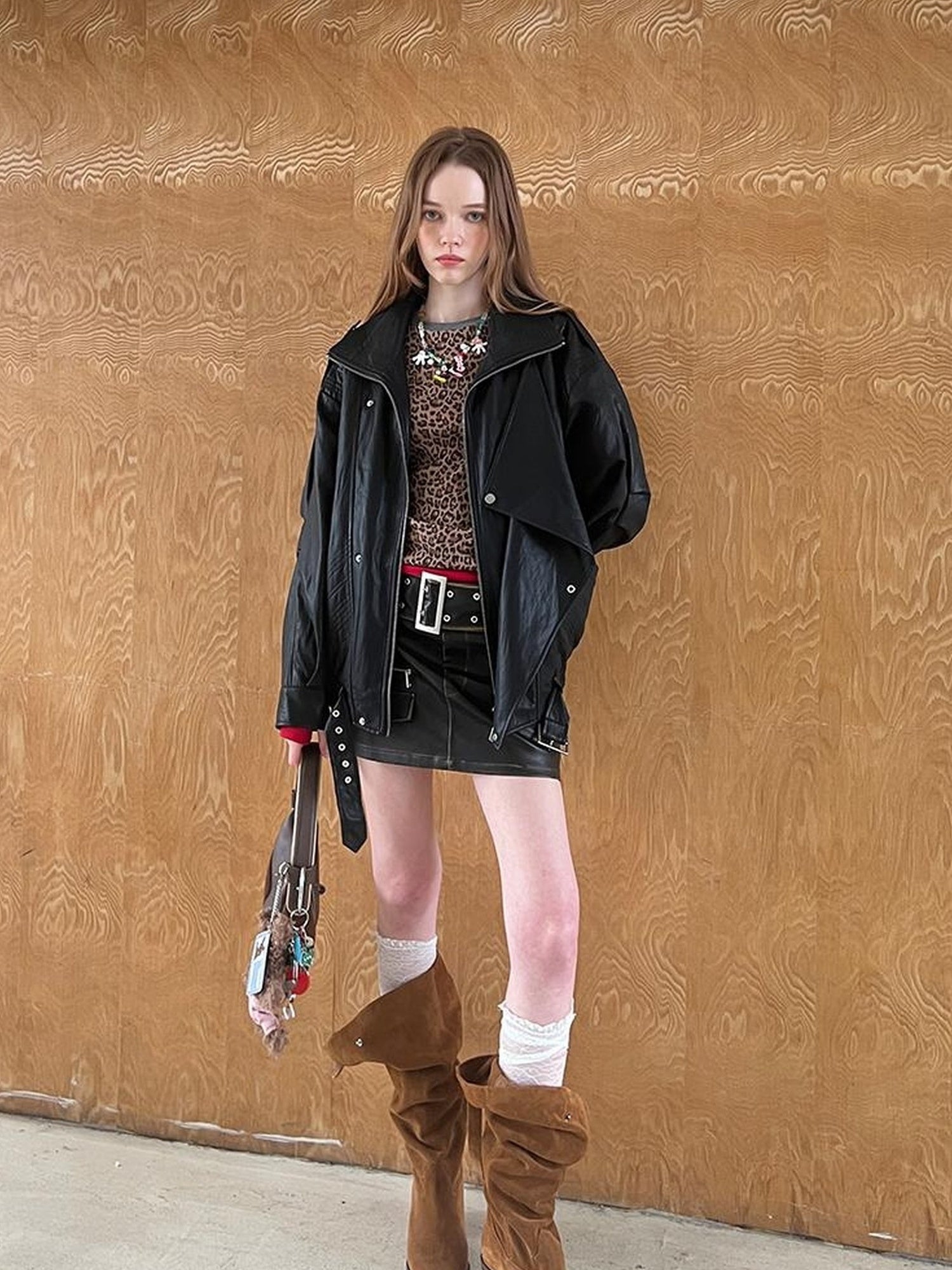 DIDDI MODA Sweet Punk Quilted Oversize PU Biker Jacket