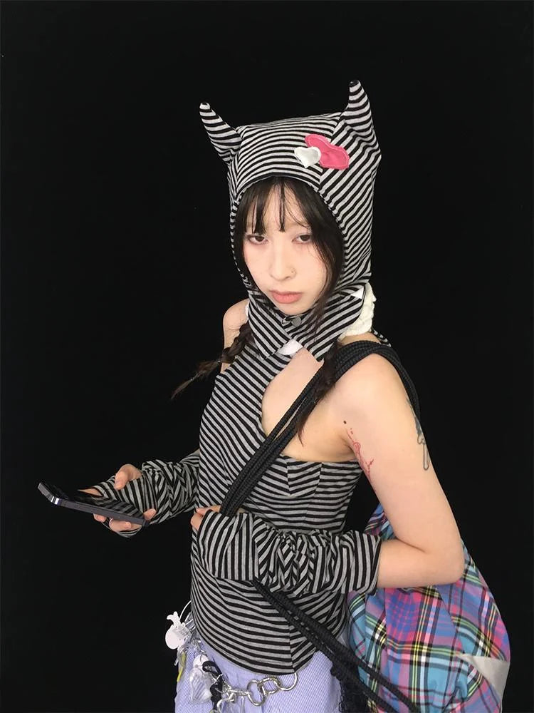 Sweet Punk Striped Knit Beanie With Metal Snaps For Fall Winter Hats