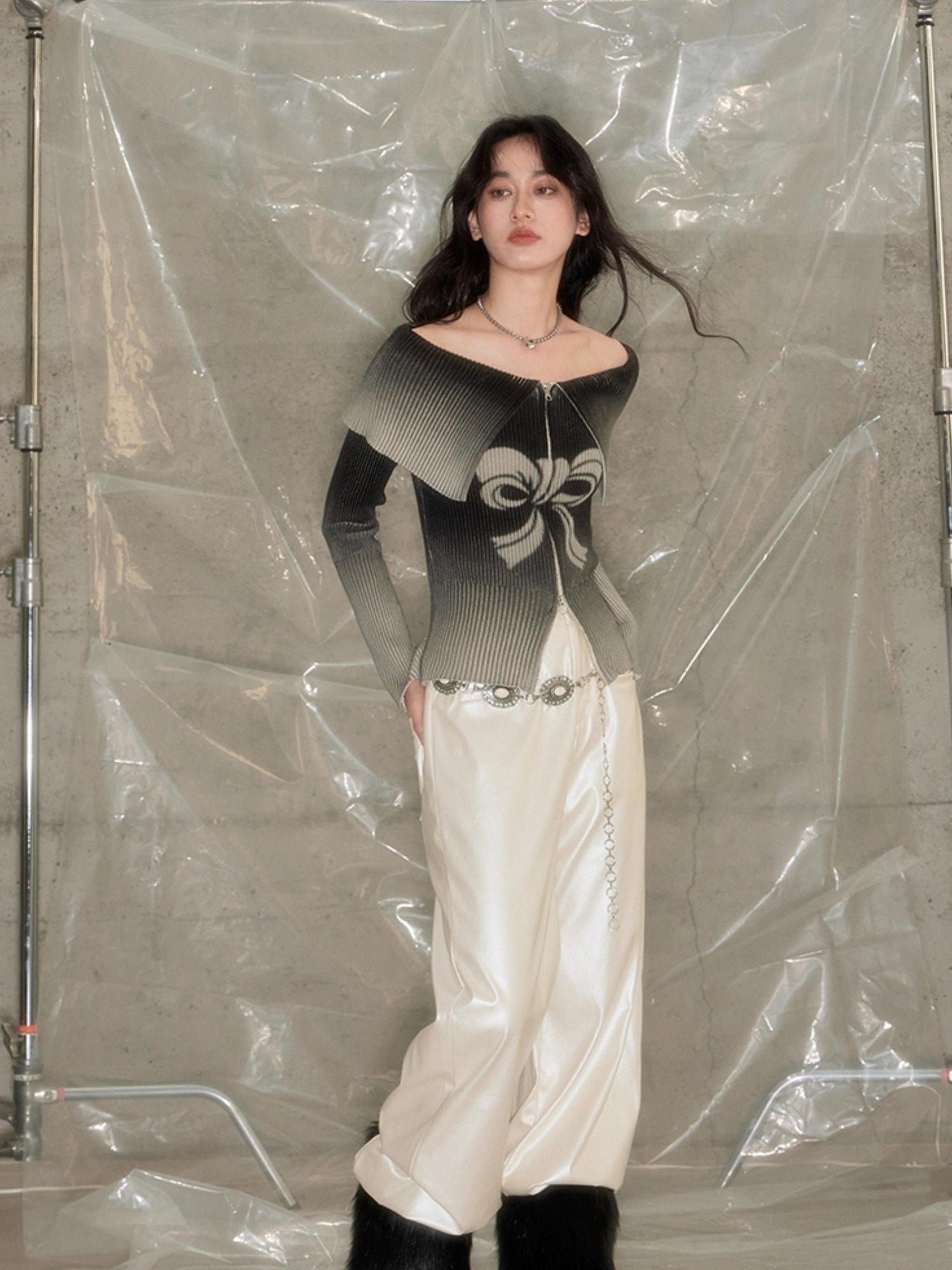 DIDDI MODA Sweet Rebel Bow Gradient Knit Cardigan