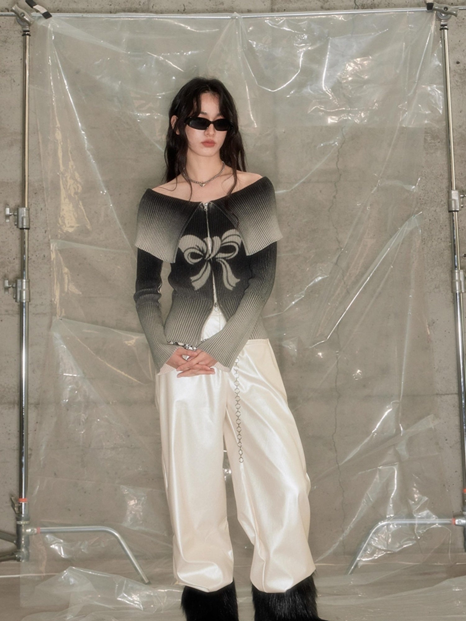 DIDDI MODA Sweet Rebel Bow Gradient Knit Cardigan