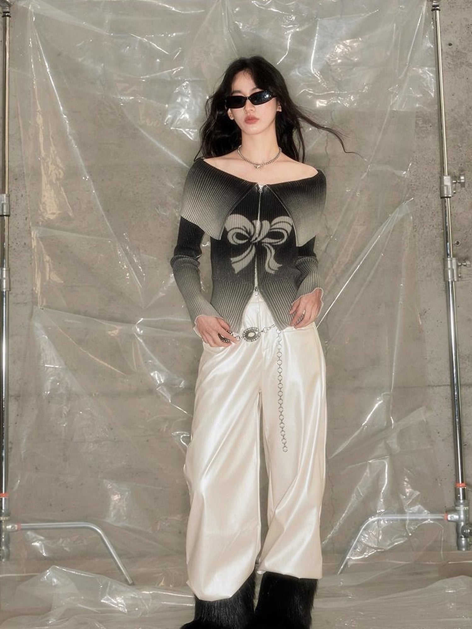 DIDDI MODA Sweet Rebel Bow Gradient Knit Cardigan