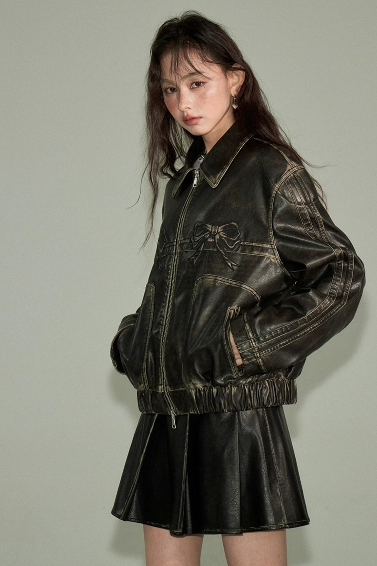DIDDI MODA Sweet Rebel Bow Vintage Distressed Pu Jacket