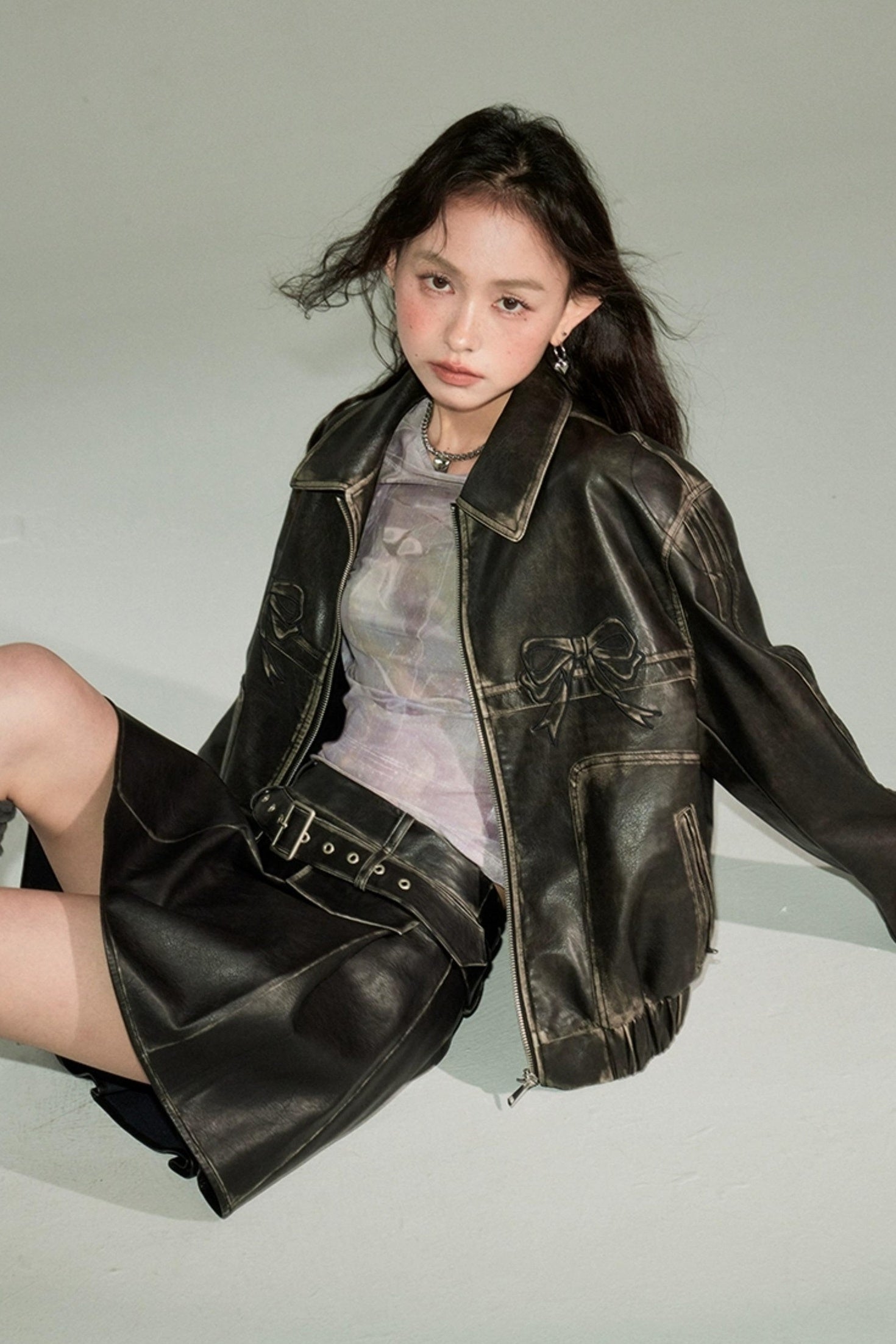 DIDDI MODA Sweet Rebel Bow Vintage Distressed Pu Jacket