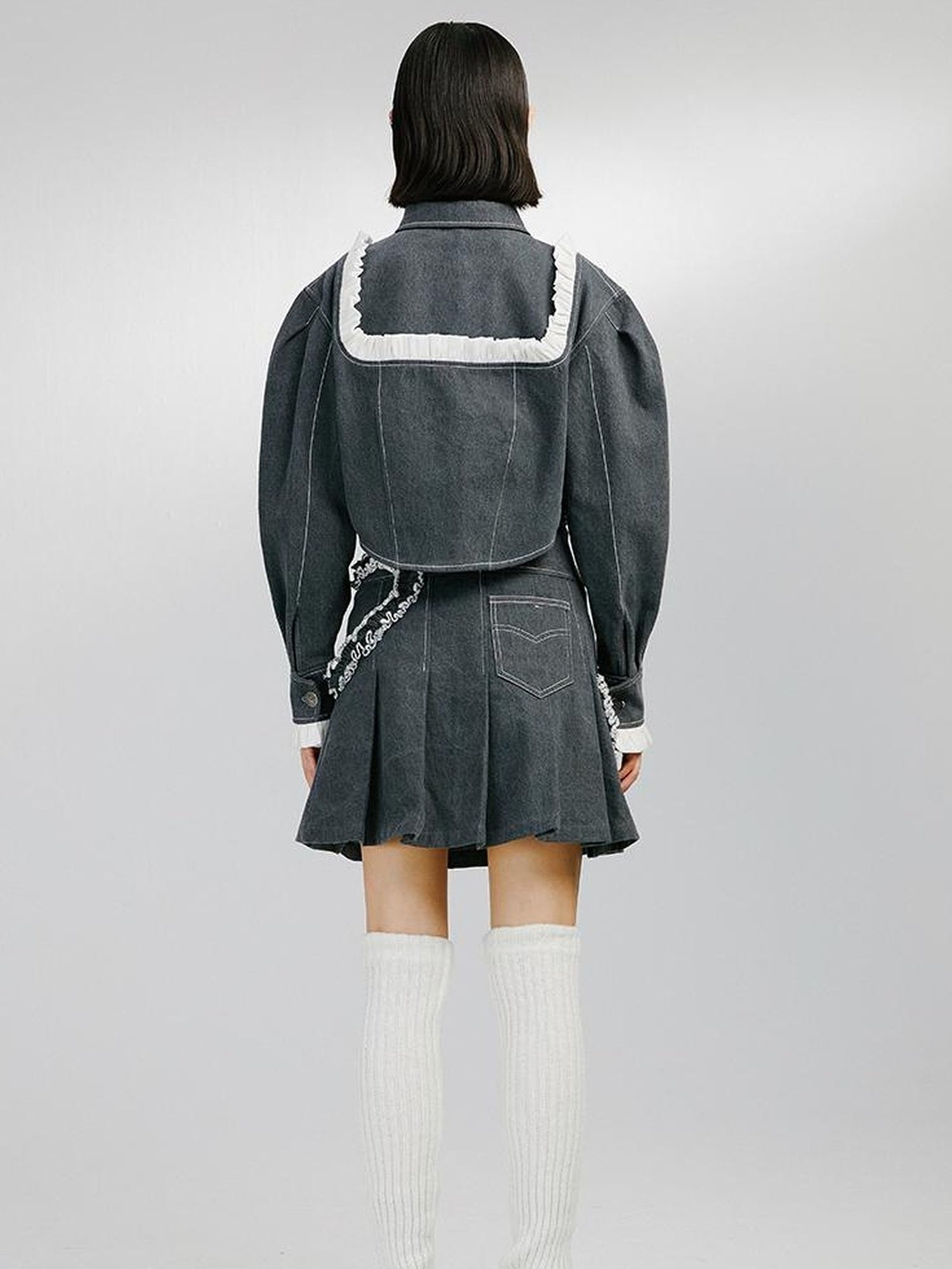DIDDI MODA Sweet Ruffled Crop Jacket Denim Skirt Set