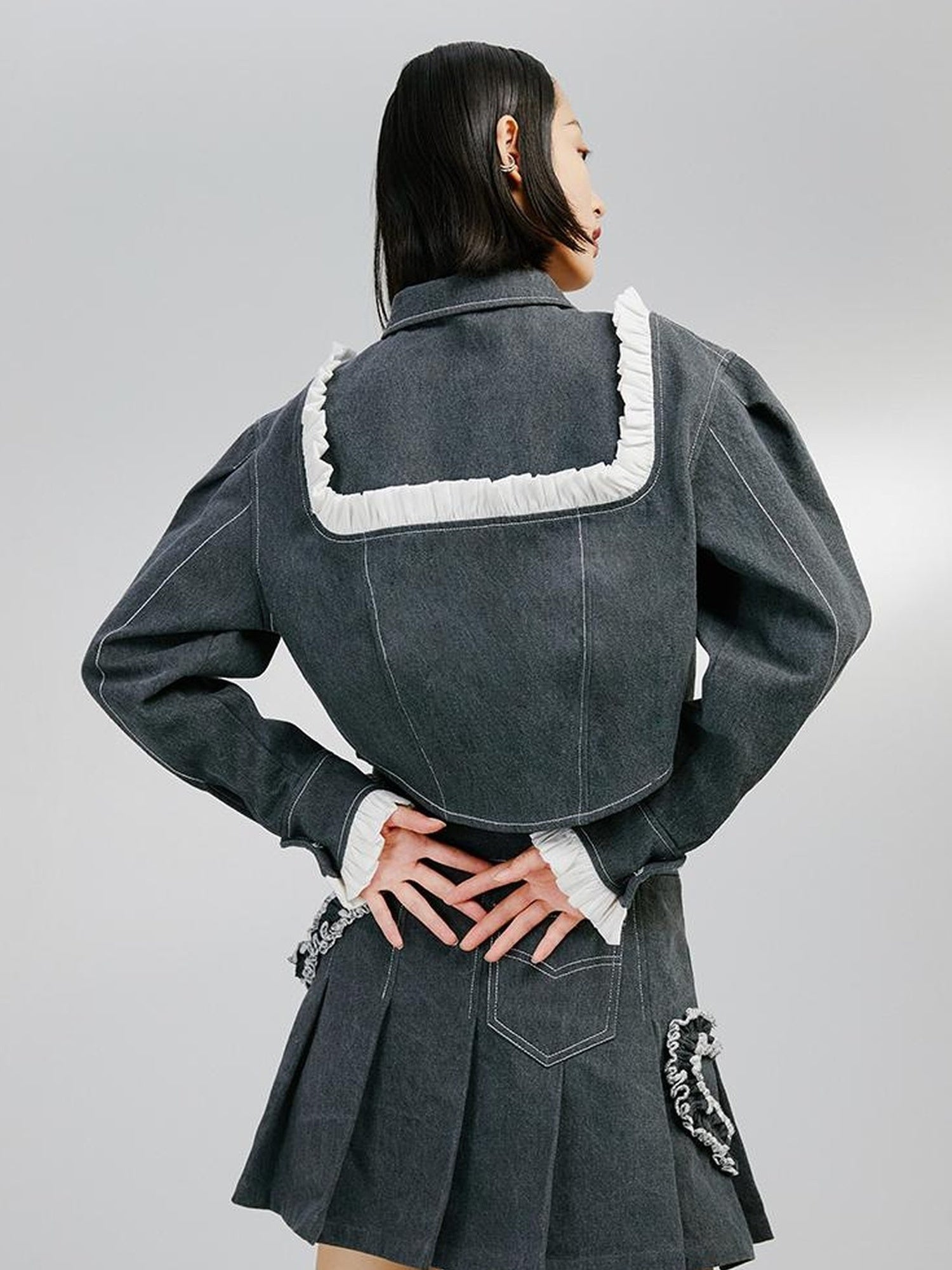 DIDDI MODA Sweet Ruffled Crop Jacket Denim Skirt Set
