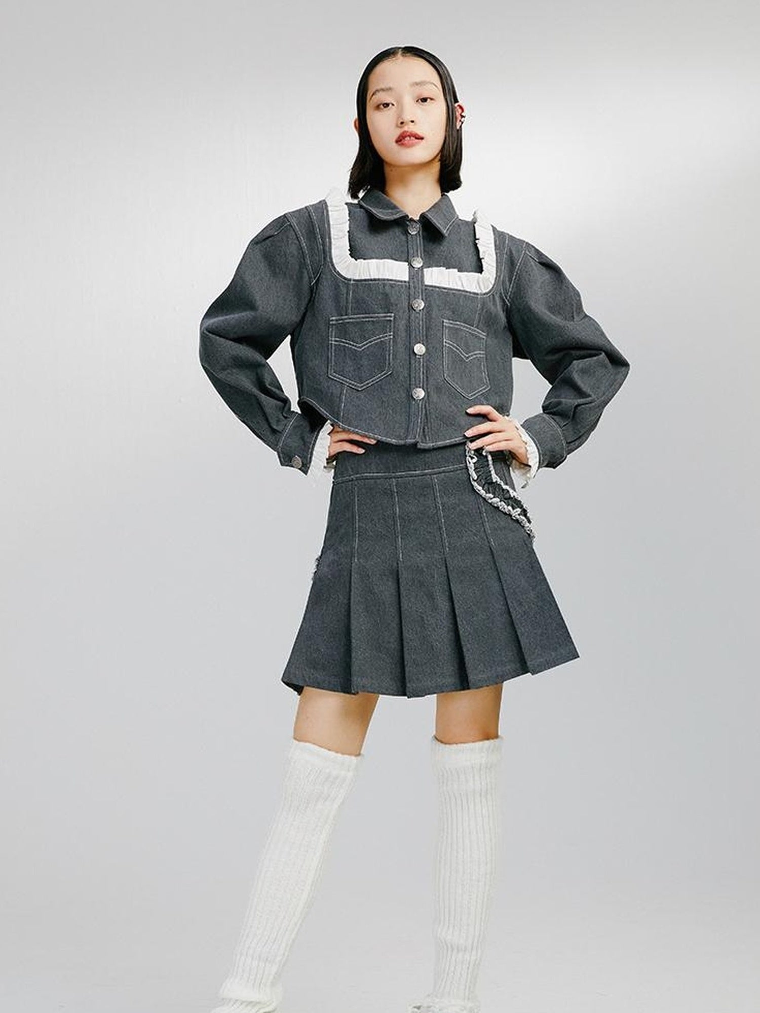 DIDDI MODA Sweet Ruffled Crop Jacket Denim Skirt Set