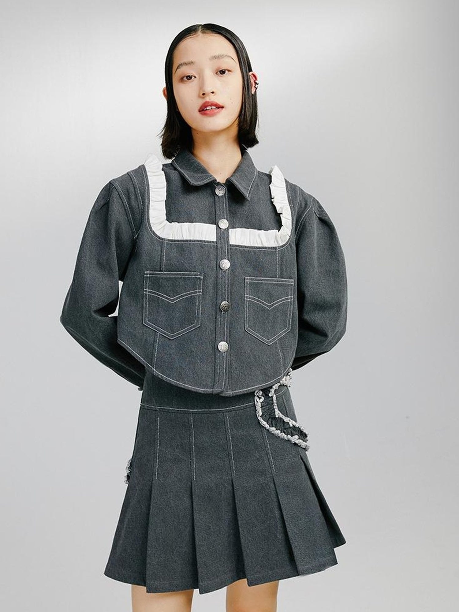 DIDDI MODA Sweet Ruffled Crop Jacket Denim Skirt Set