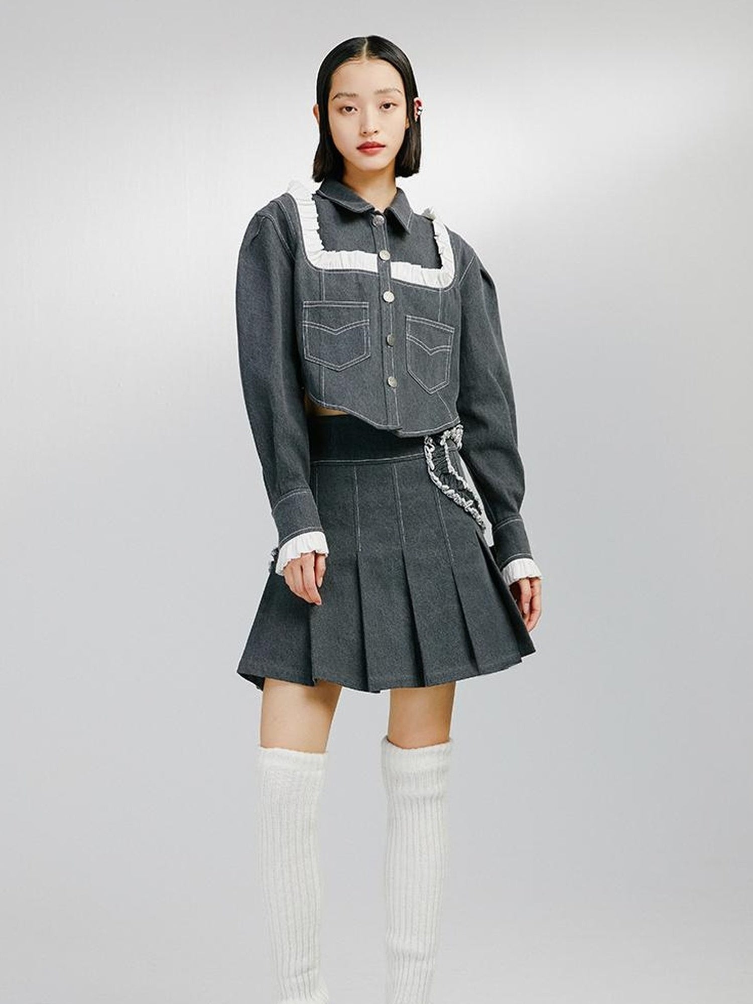 DIDDI MODA Sweet Ruffled Crop Jacket Denim Skirt Set