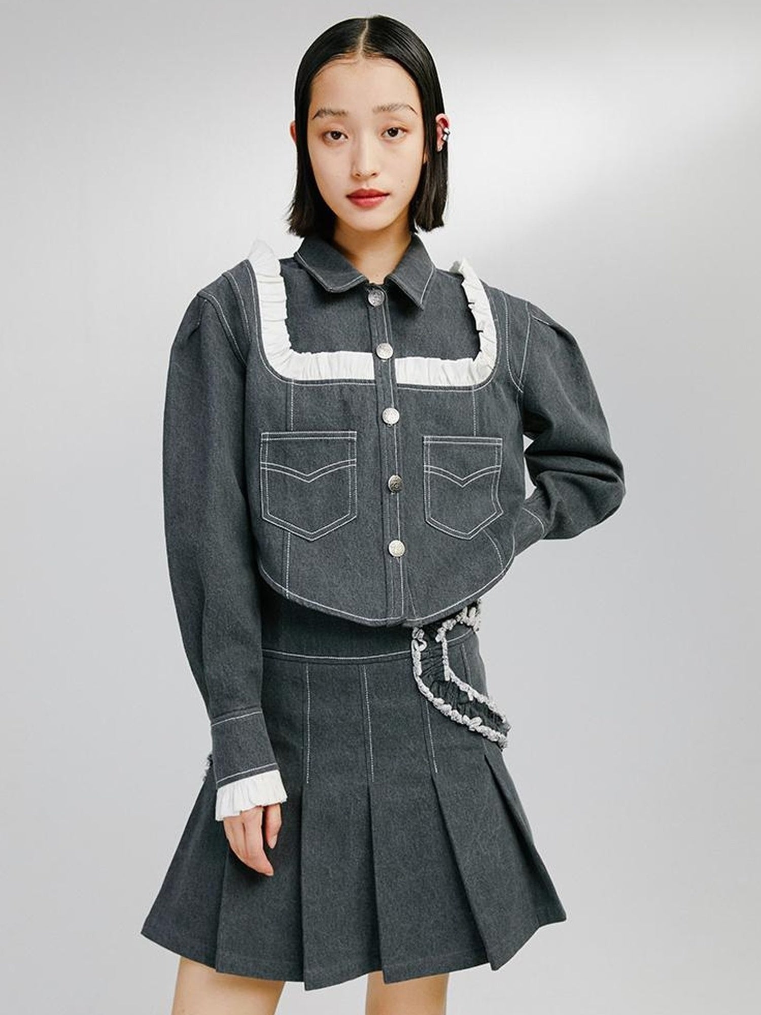 DIDDI MODA Sweet Ruffled Crop Jacket Denim Skirt Set
