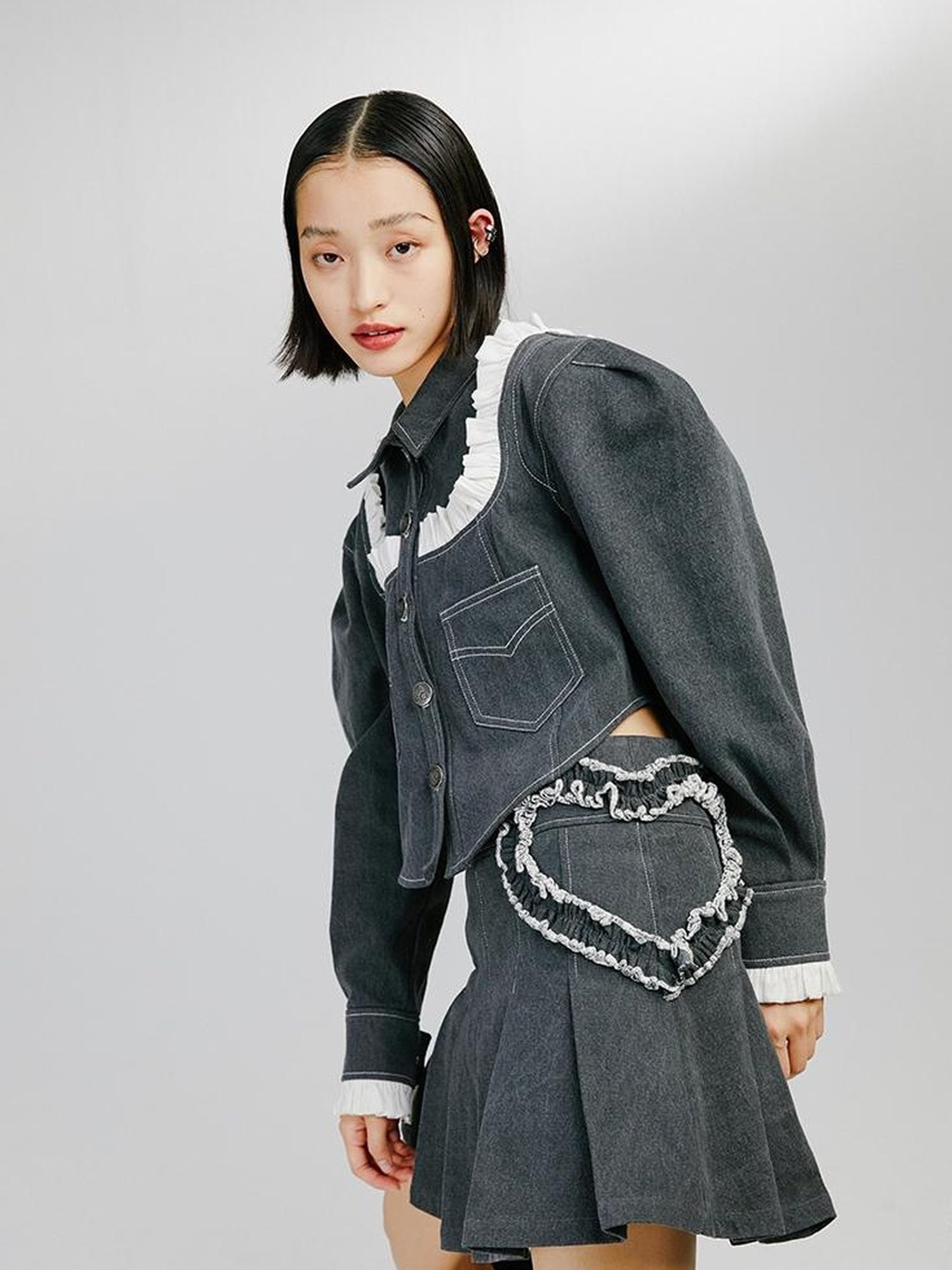 DIDDI MODA Sweet Ruffled Crop Jacket Denim Skirt Set