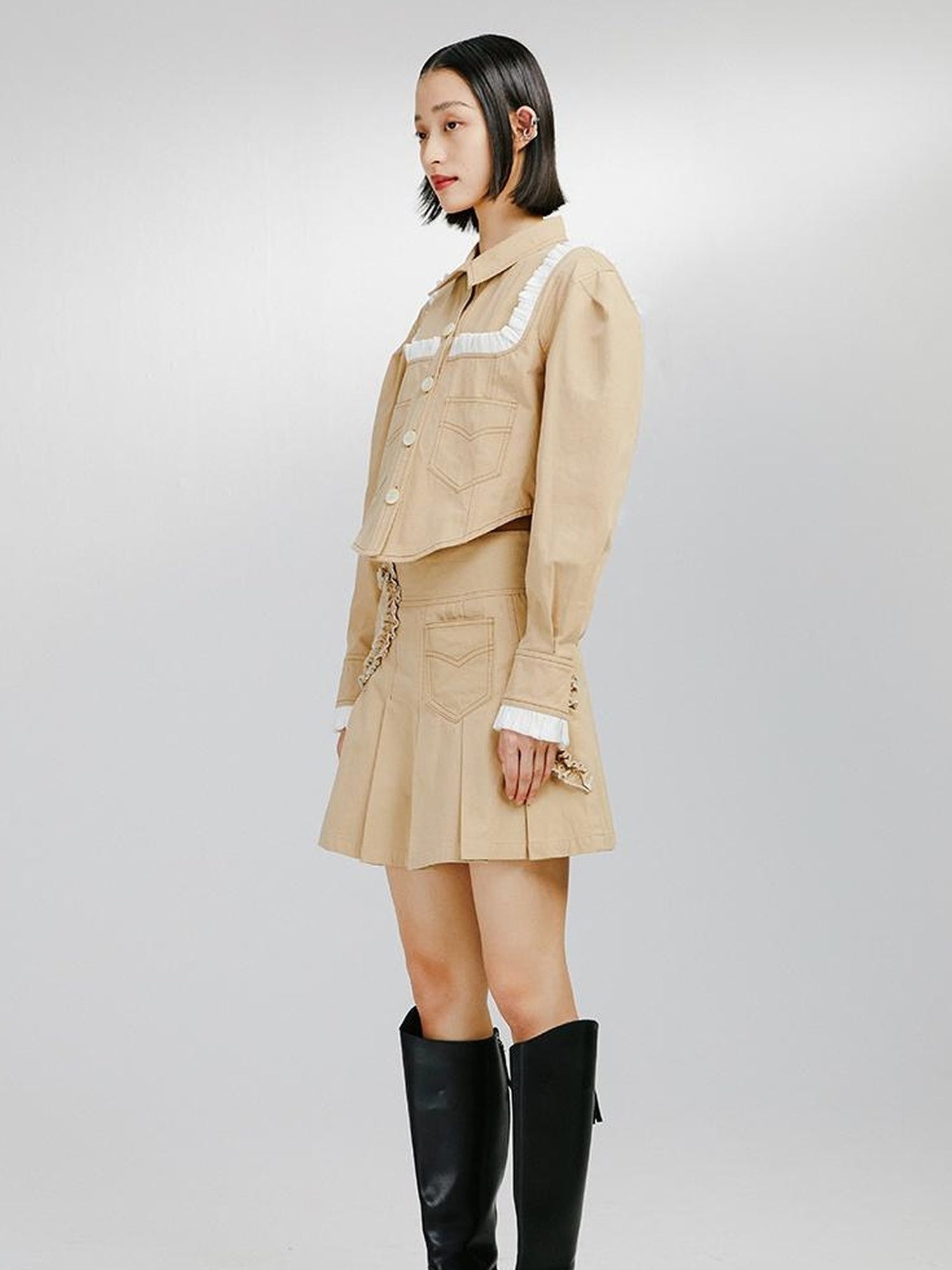 DIDDI MODA Sweet Ruffled Crop Jacket Denim Skirt Set
