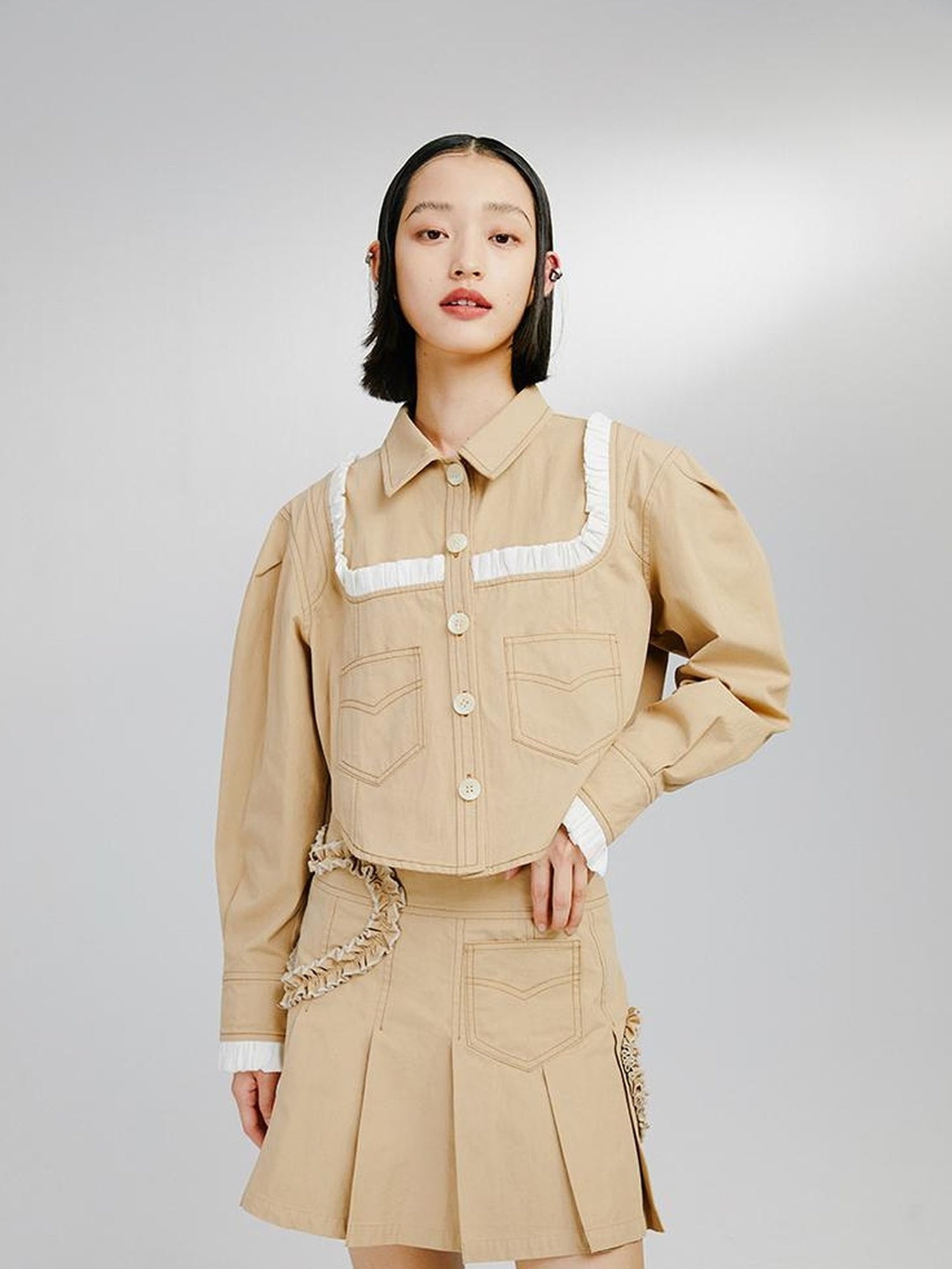 DIDDI MODA Sweet Ruffled Crop Jacket Denim Skirt Set