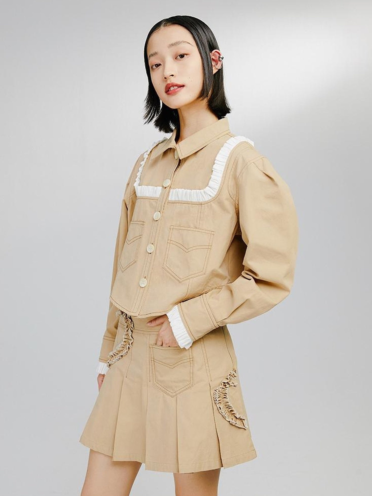 DIDDI MODA Sweet Ruffled Crop Jacket Denim Skirt Set