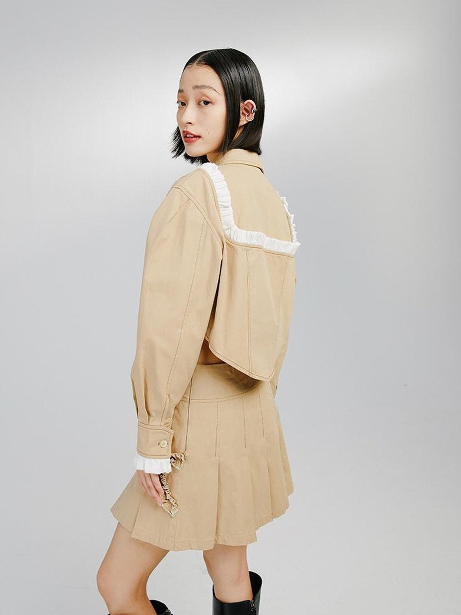 DIDDI MODA Sweet Ruffled Crop Jacket Denim Skirt Set
