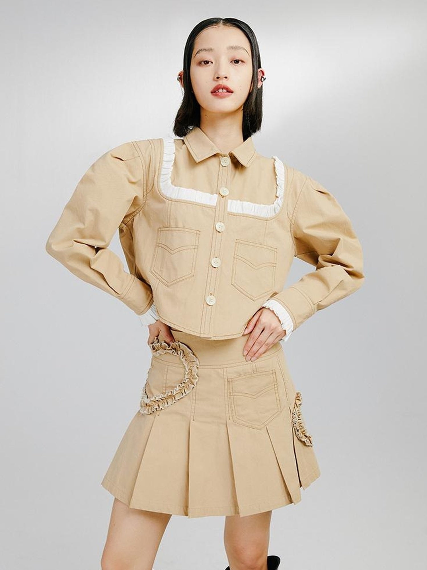 DIDDI MODA Sweet Ruffled Crop Jacket Denim Skirt Set