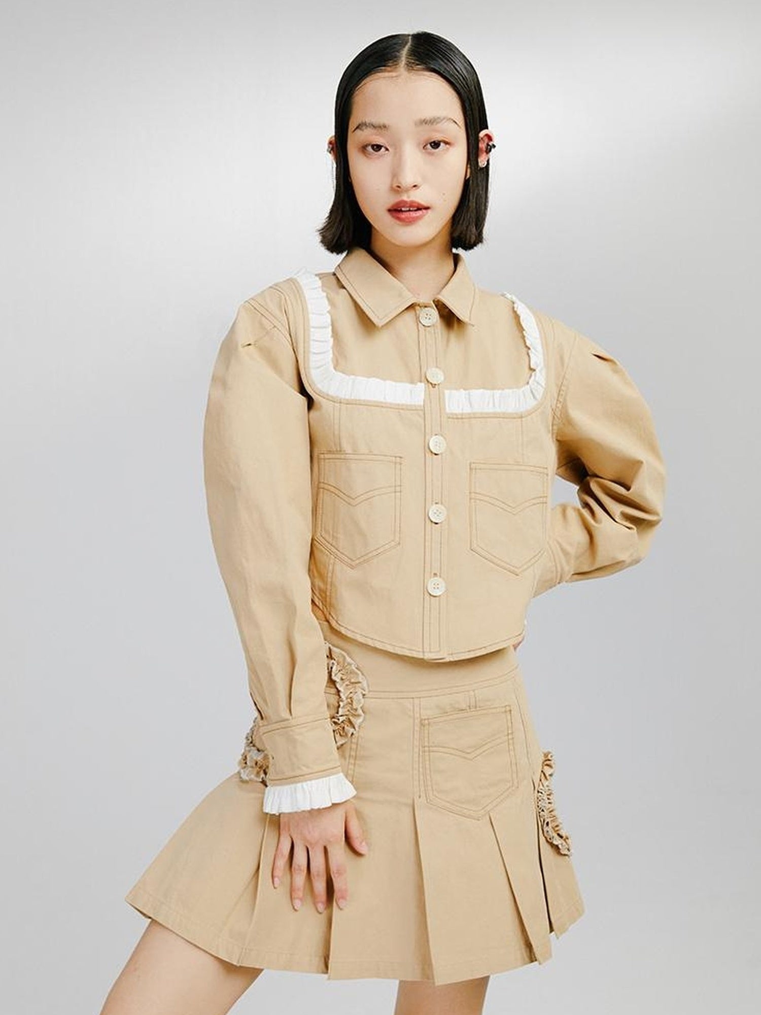 DIDDI MODA Sweet Ruffled Crop Jacket Denim Skirt Set