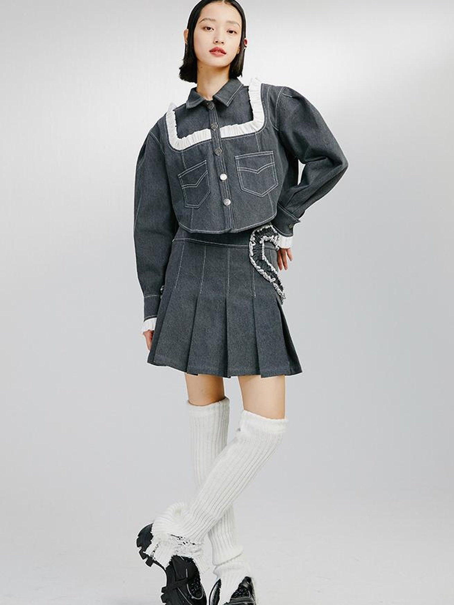 DIDDI MODA Sweet Ruffled Crop Jacket Denim Skirt Set