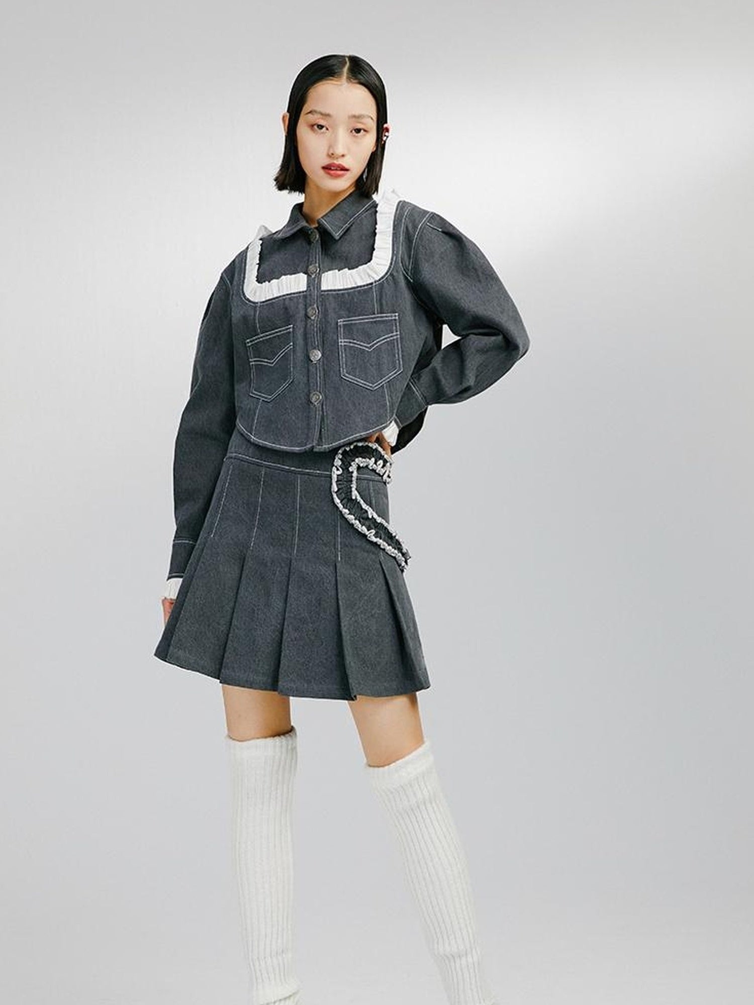 DIDDI MODA Sweet Ruffled Crop Jacket Denim Skirt Set