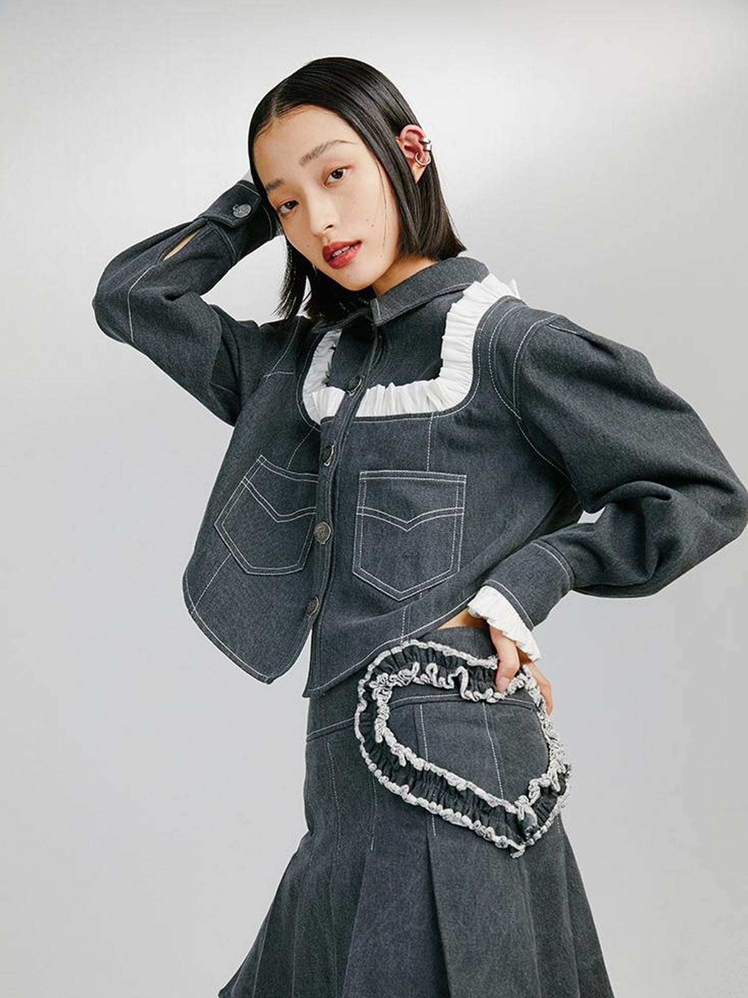 DIDDI MODA Sweet Ruffled Crop Jacket Denim Skirt Set