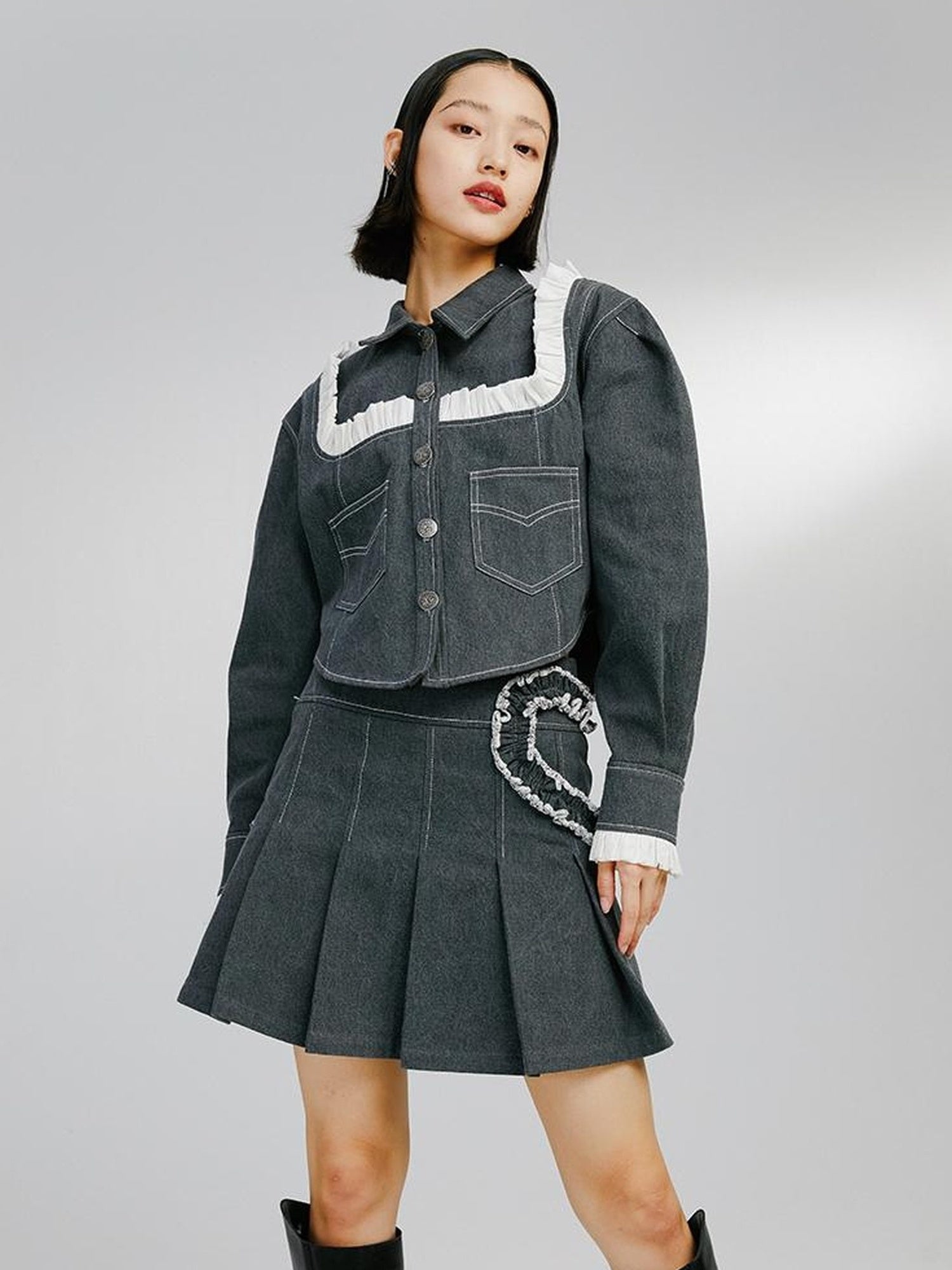 DIDDI MODA Sweet Ruffled Crop Jacket Denim Skirt Set