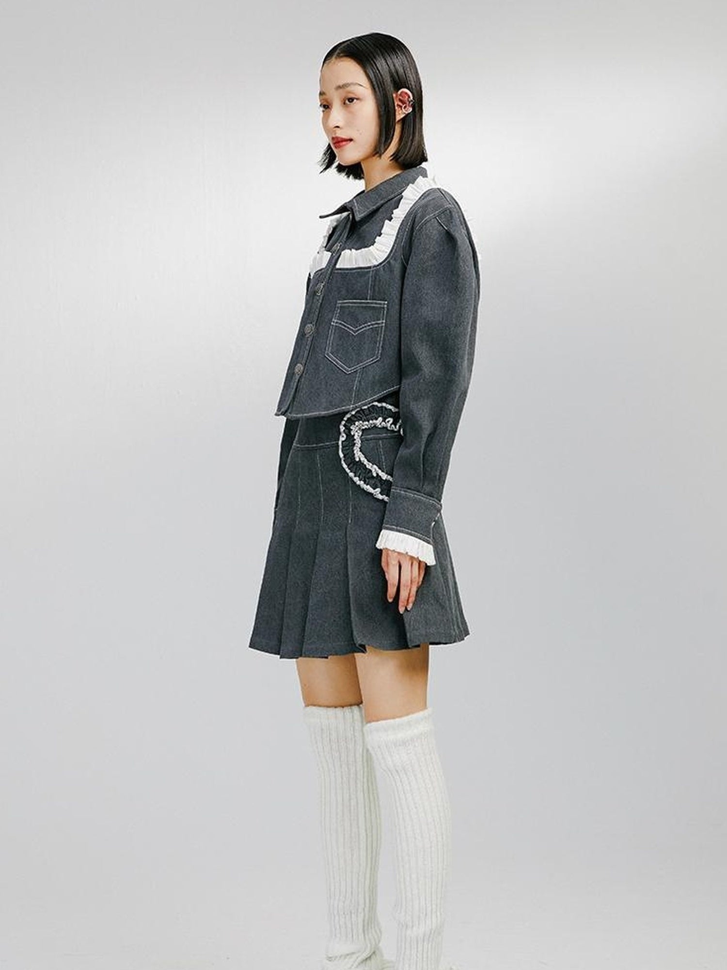 DIDDI MODA Sweet Ruffled Crop Jacket Denim Skirt Set