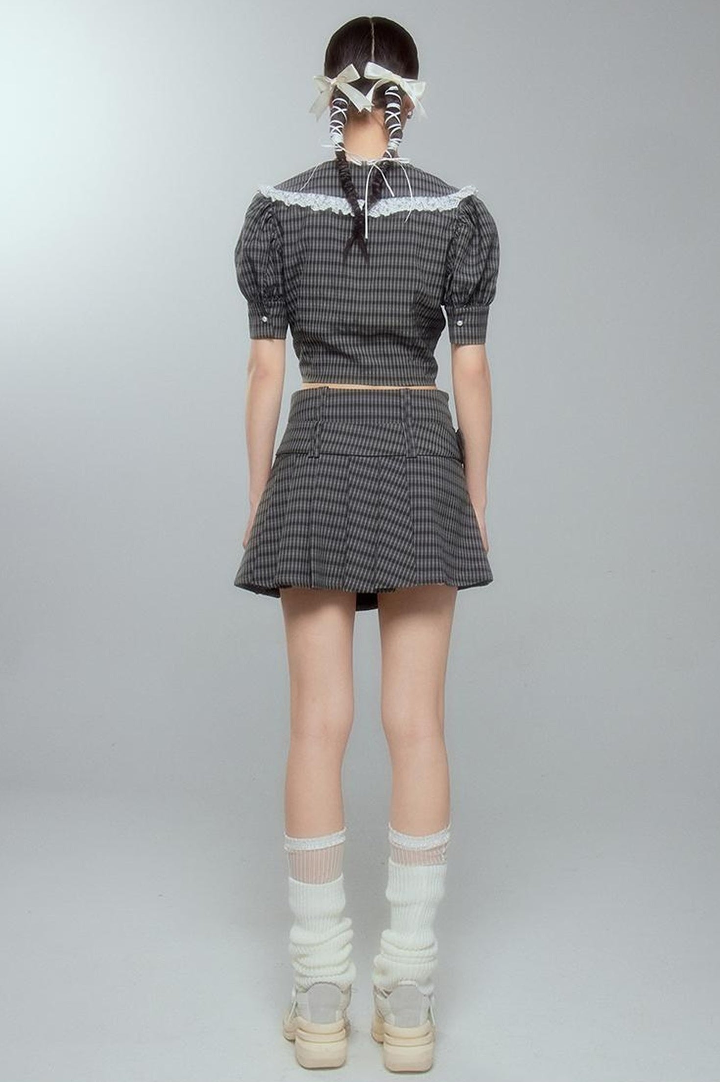 DIDDI MODA Sweet Tart Plaid Set Puff Sleeve Top Pleated Skirt