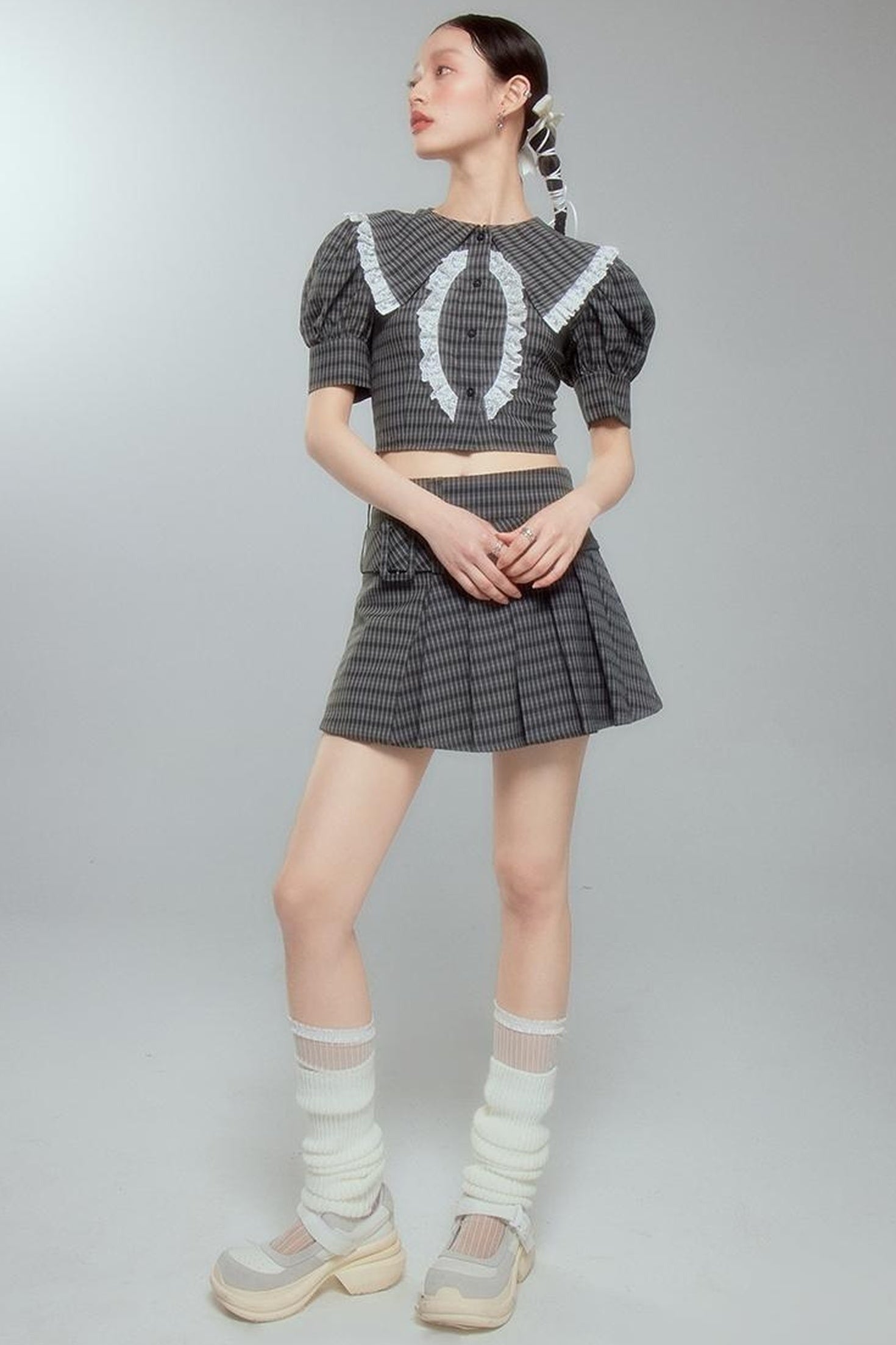 DIDDI MODA Sweet Tart Plaid Set Puff Sleeve Top Pleated Skirt