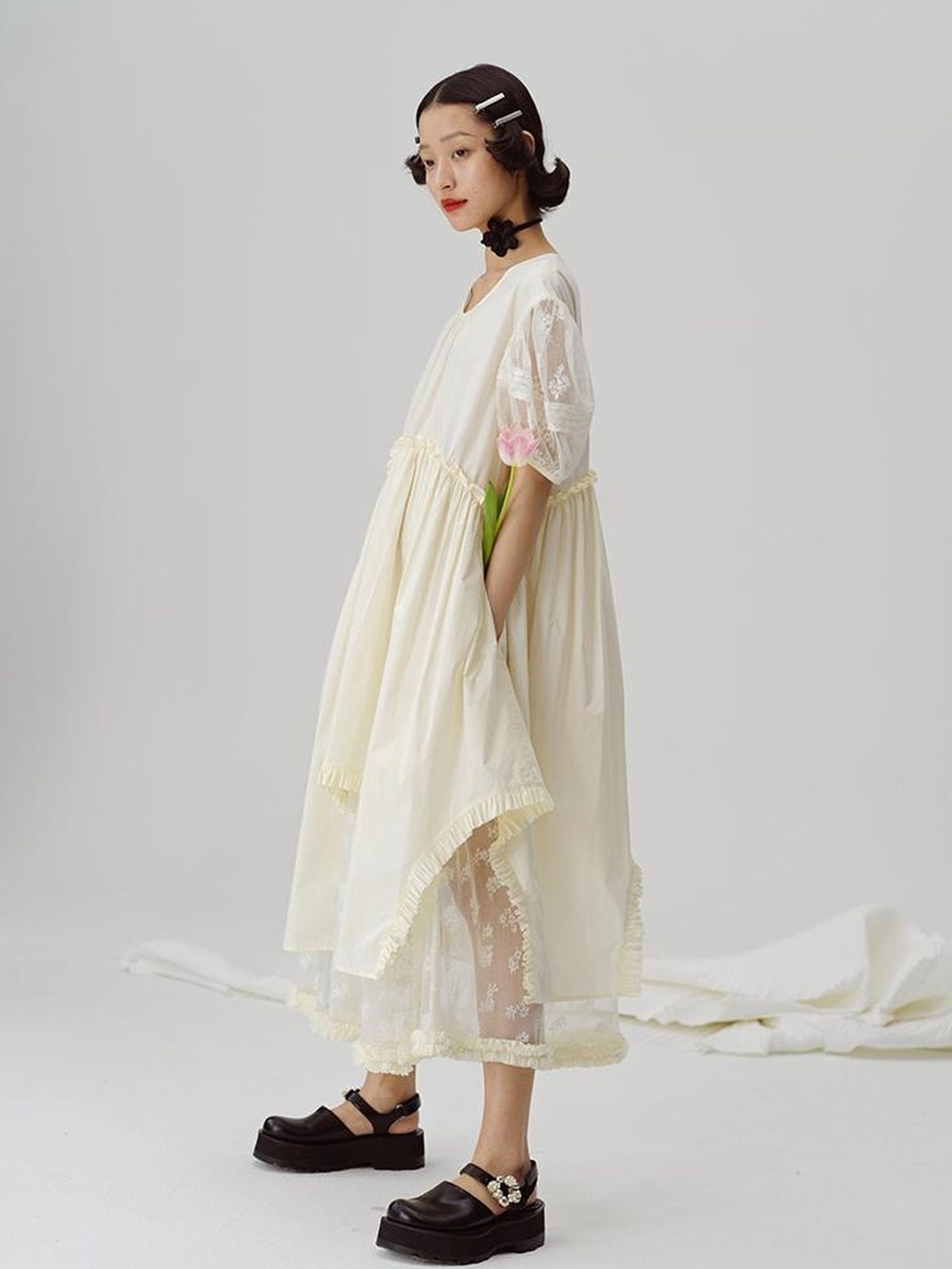 DIDDI MODA Sweetheart Lace Hem Shirt Dress