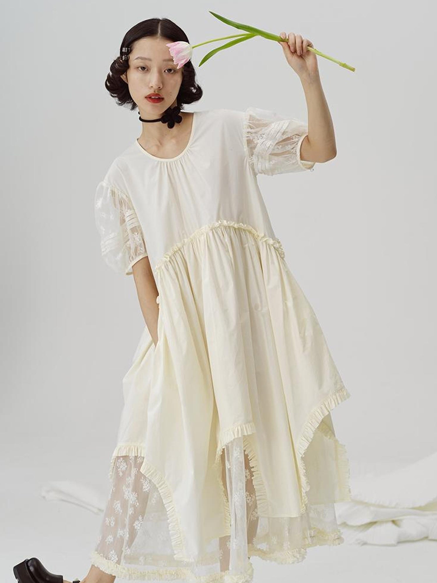 DIDDI MODA Sweetheart Lace Hem Shirt Dress