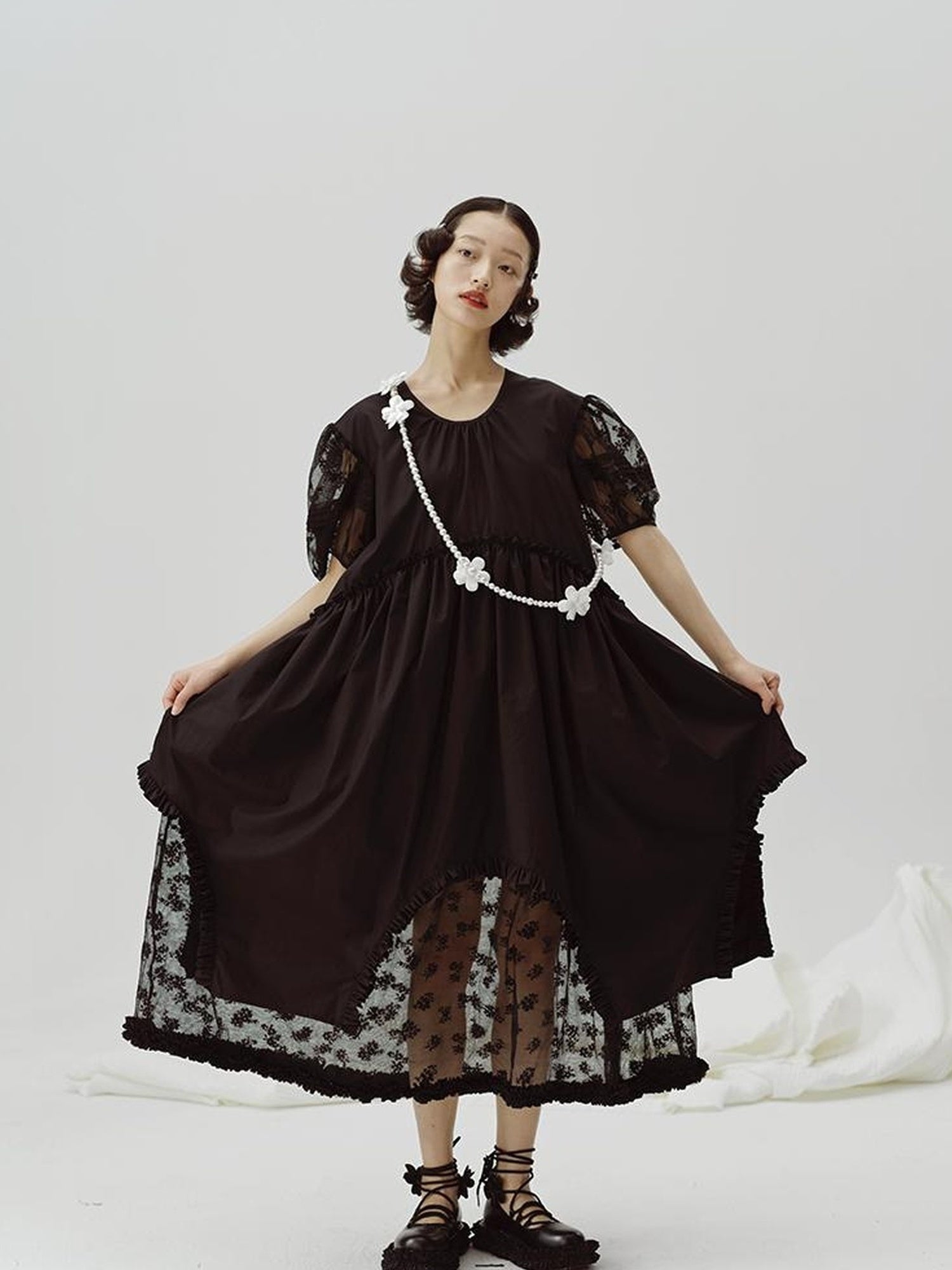 DIDDI MODA Sweetheart Lace Hem Shirt Dress