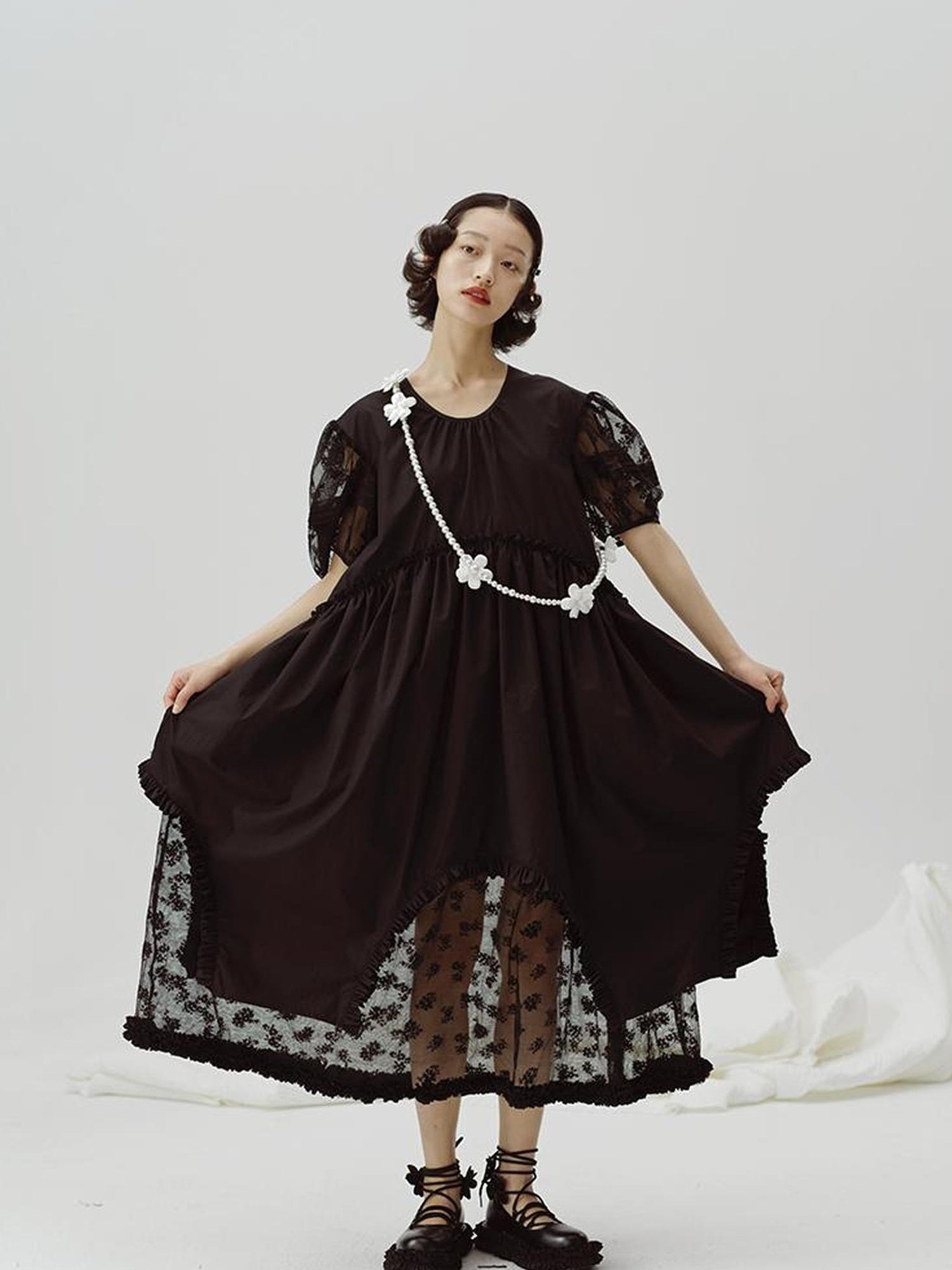 DIDDI MODA Sweetheart Lace Hem Shirt Dress