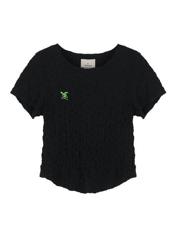 Summer Black Cropped Bubble Sleeve T-shirt Round Neck Top