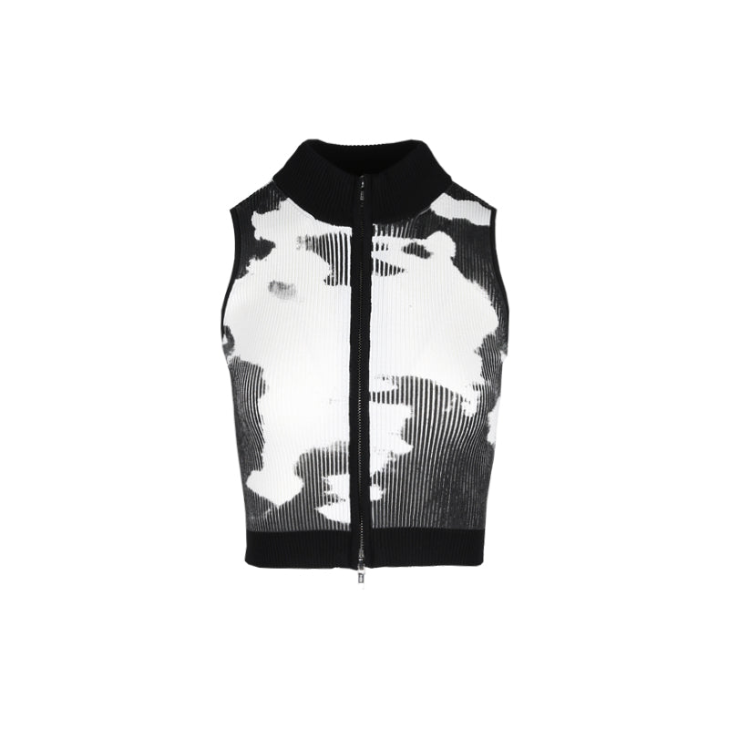 ALINNV STUDIO Double Zip Print Knit Vest Cropped Cardigan