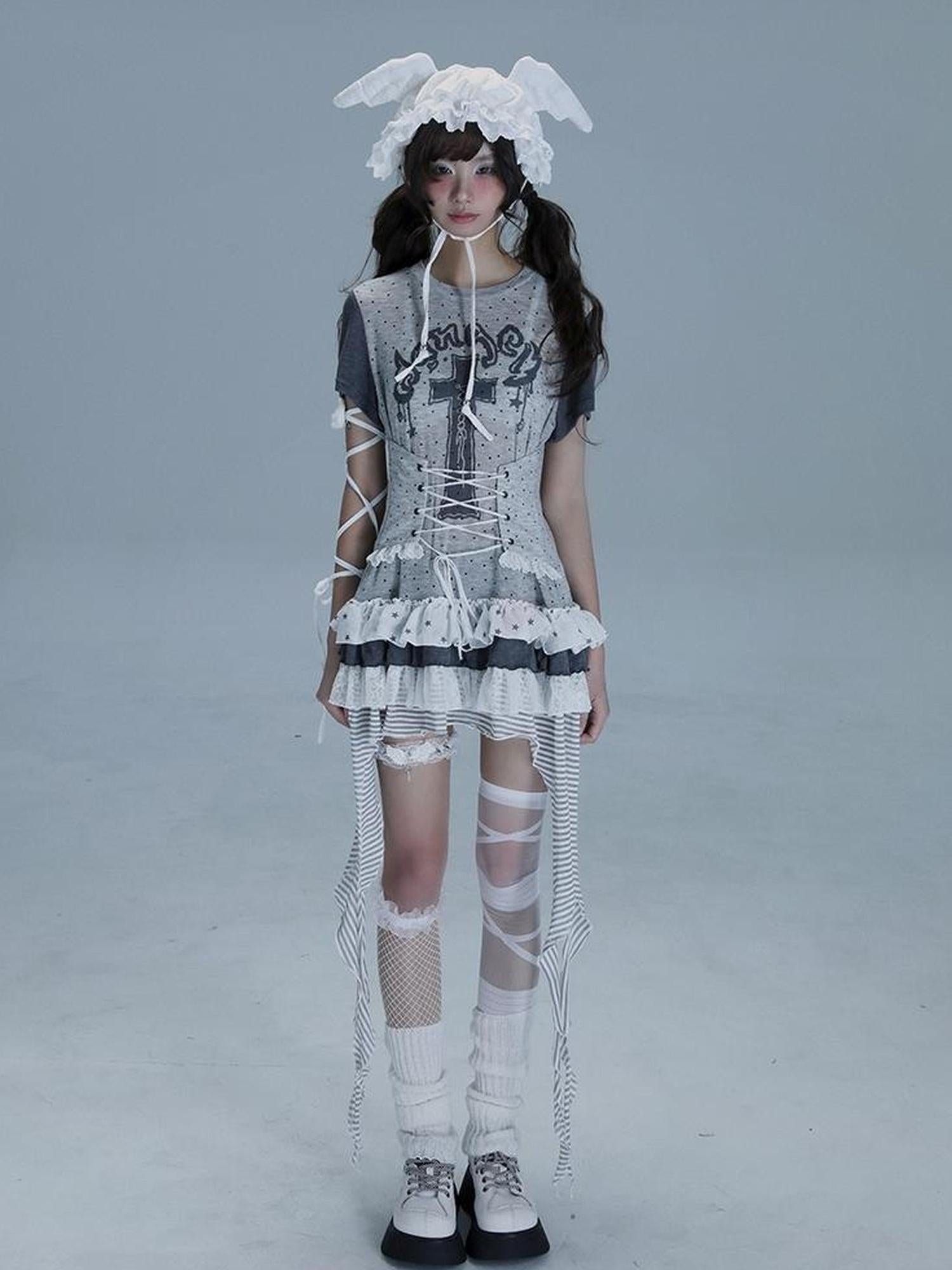 WSW WUSHENWU Tear Garden Asymmetrical Lace Tee Dress