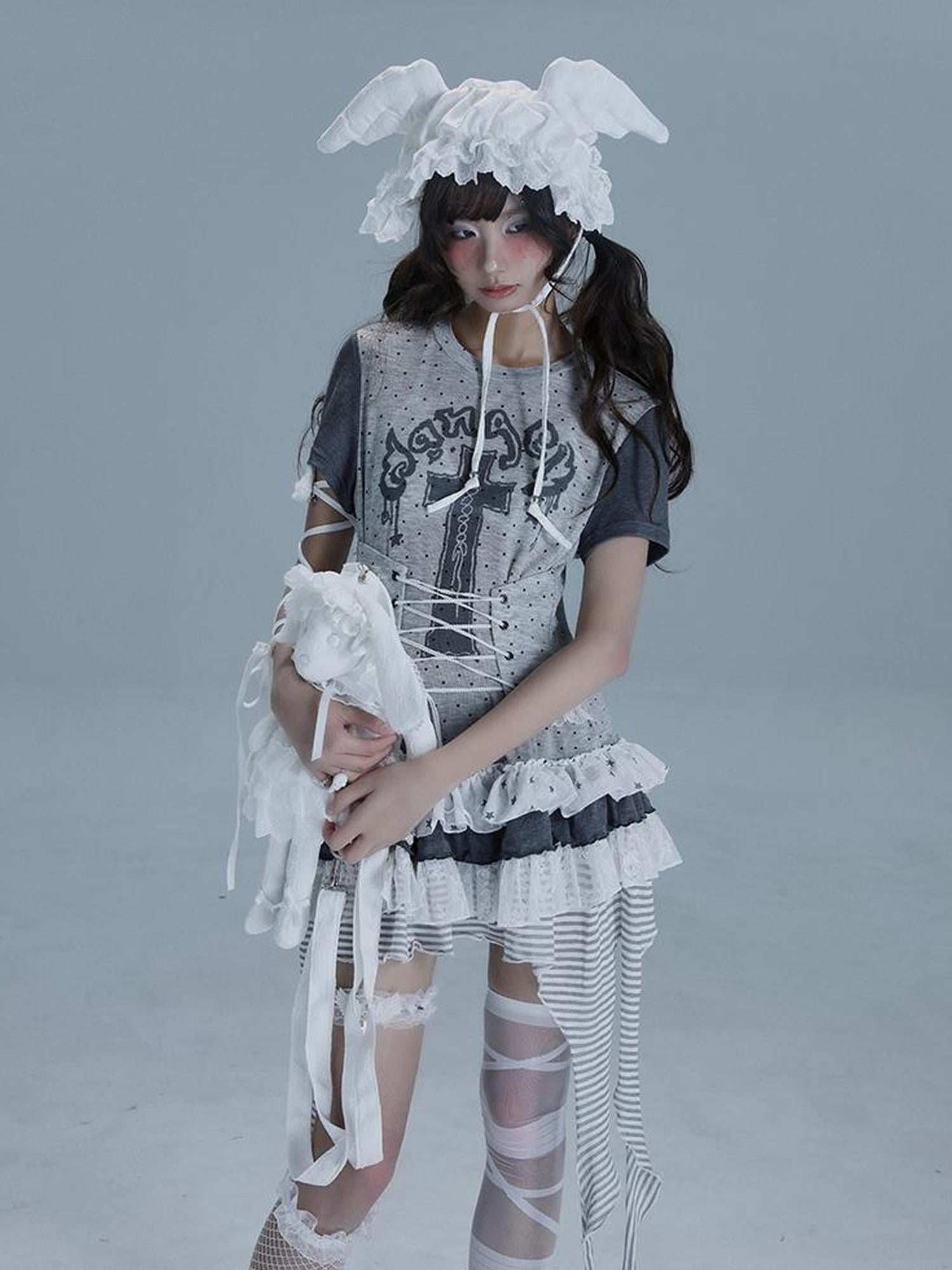 WSW WUSHENWU Tear Garden Asymmetrical Lace Tee Dress