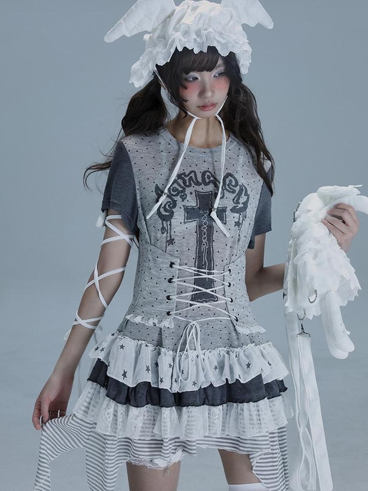 WSW WUSHENWU Tear Garden Asymmetrical Lace Tee Dress