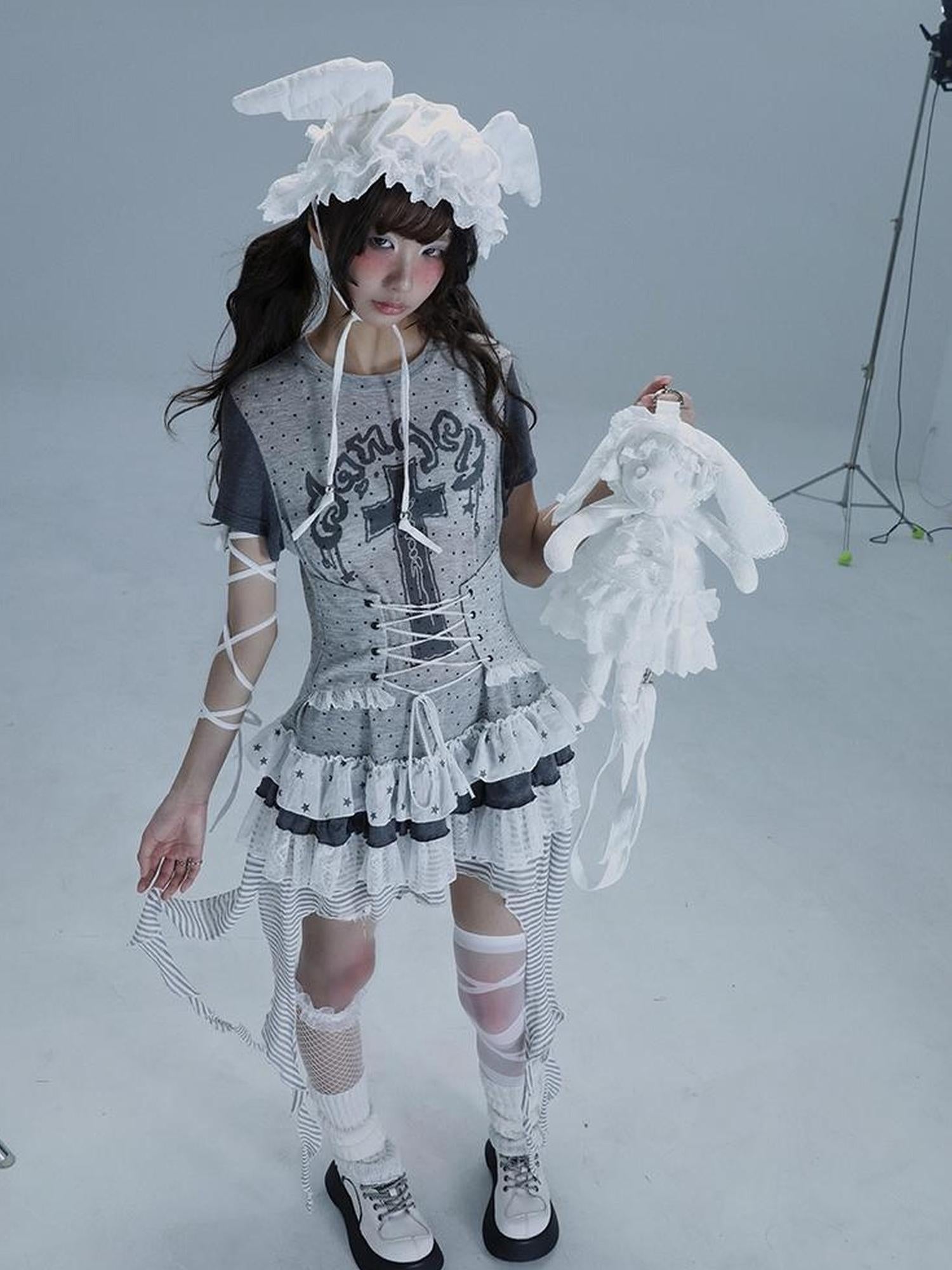 WSW WUSHENWU Tear Garden Asymmetrical Lace Tee Dress
