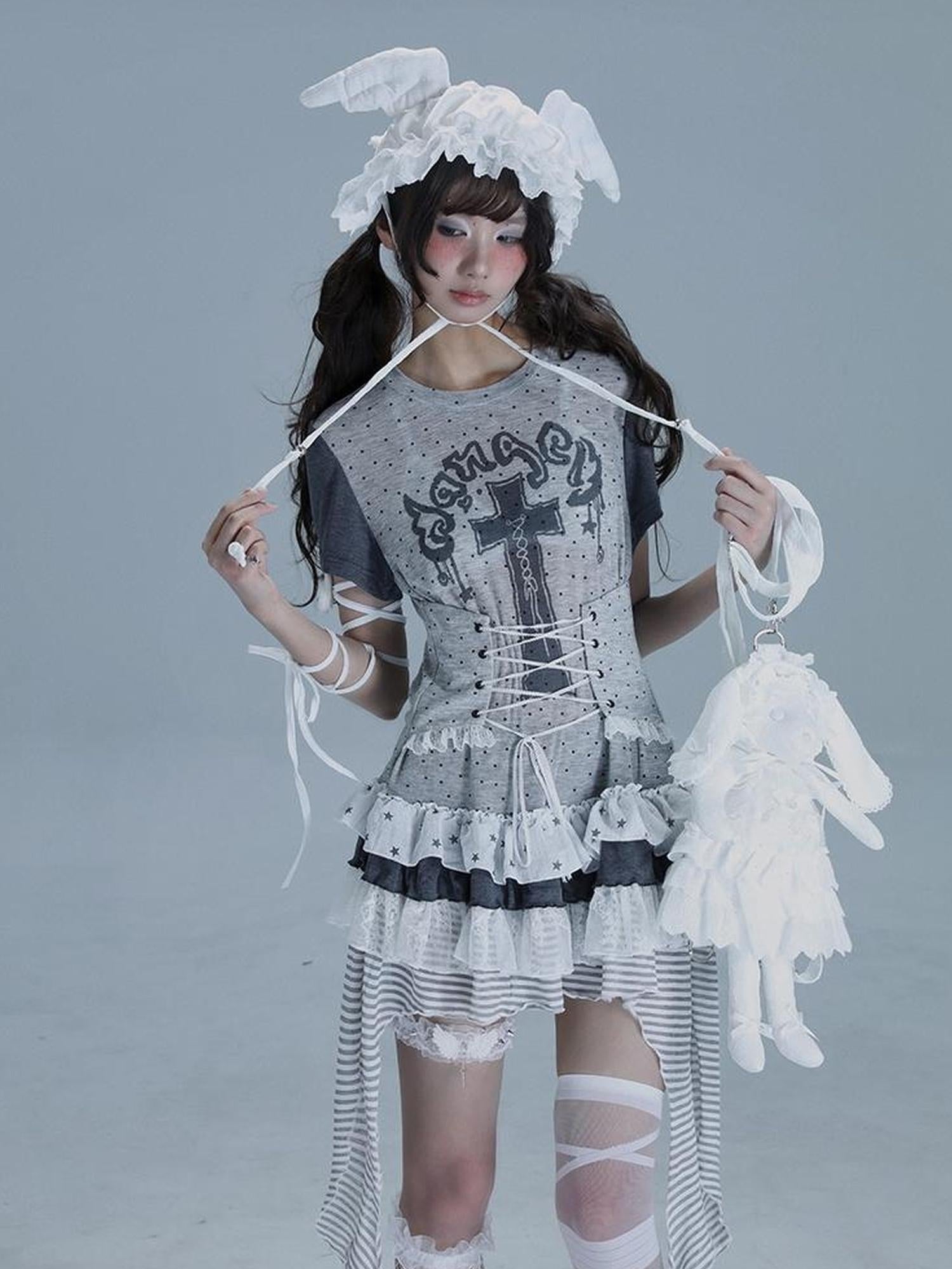 WSW WUSHENWU Tear Garden Asymmetrical Lace Tee Dress