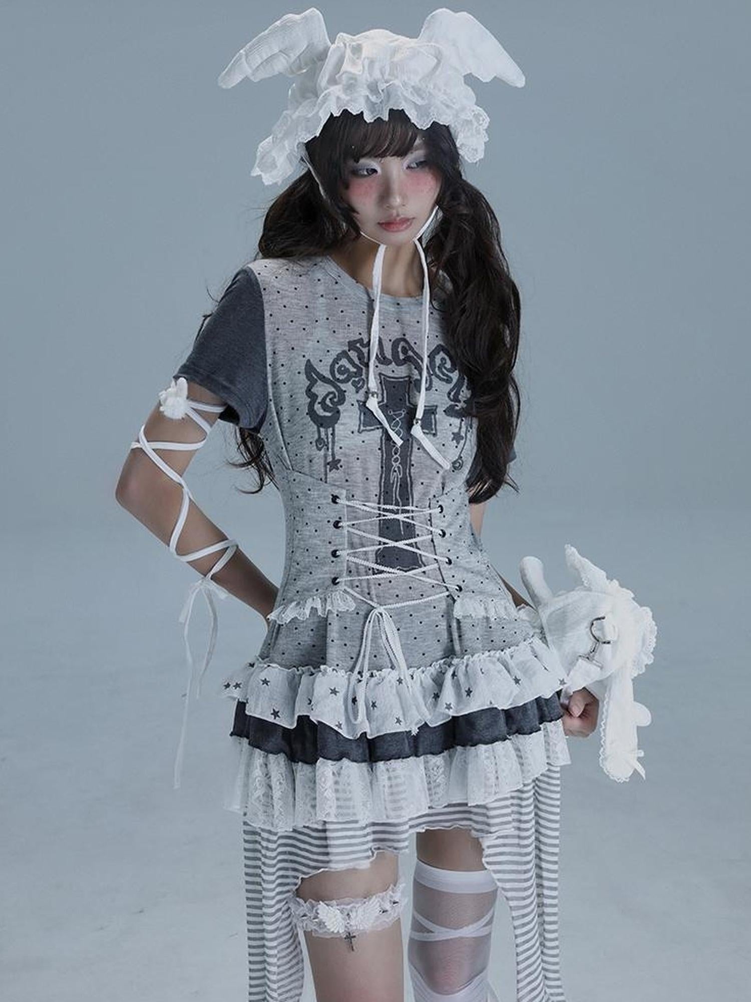 WSW WUSHENWU Tear Garden Asymmetrical Lace Tee Dress