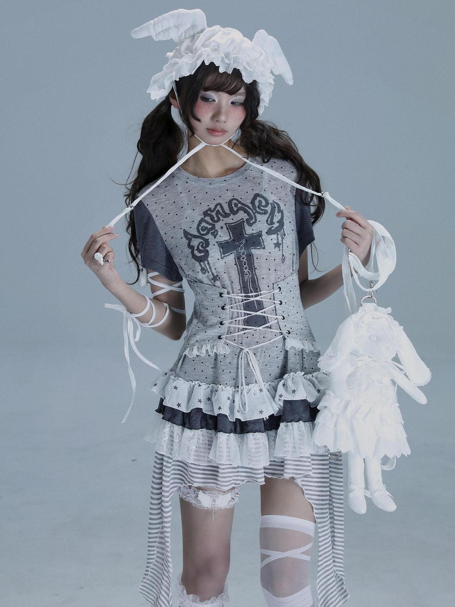 WSW WUSHENWU Tear Garden Asymmetrical Lace Tee Dress