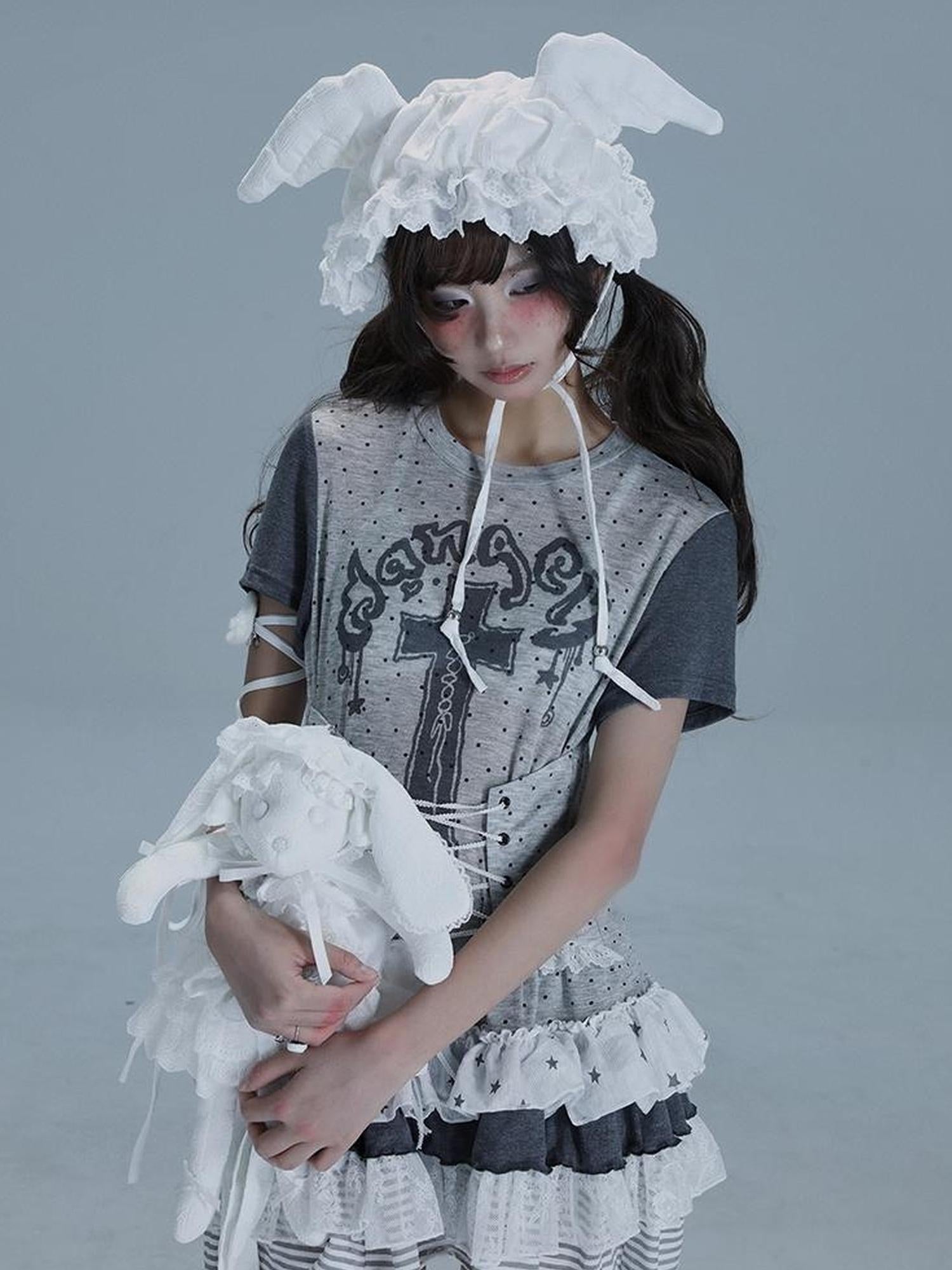 WSW WUSHENWU Tear Garden Asymmetrical Lace Tee Dress