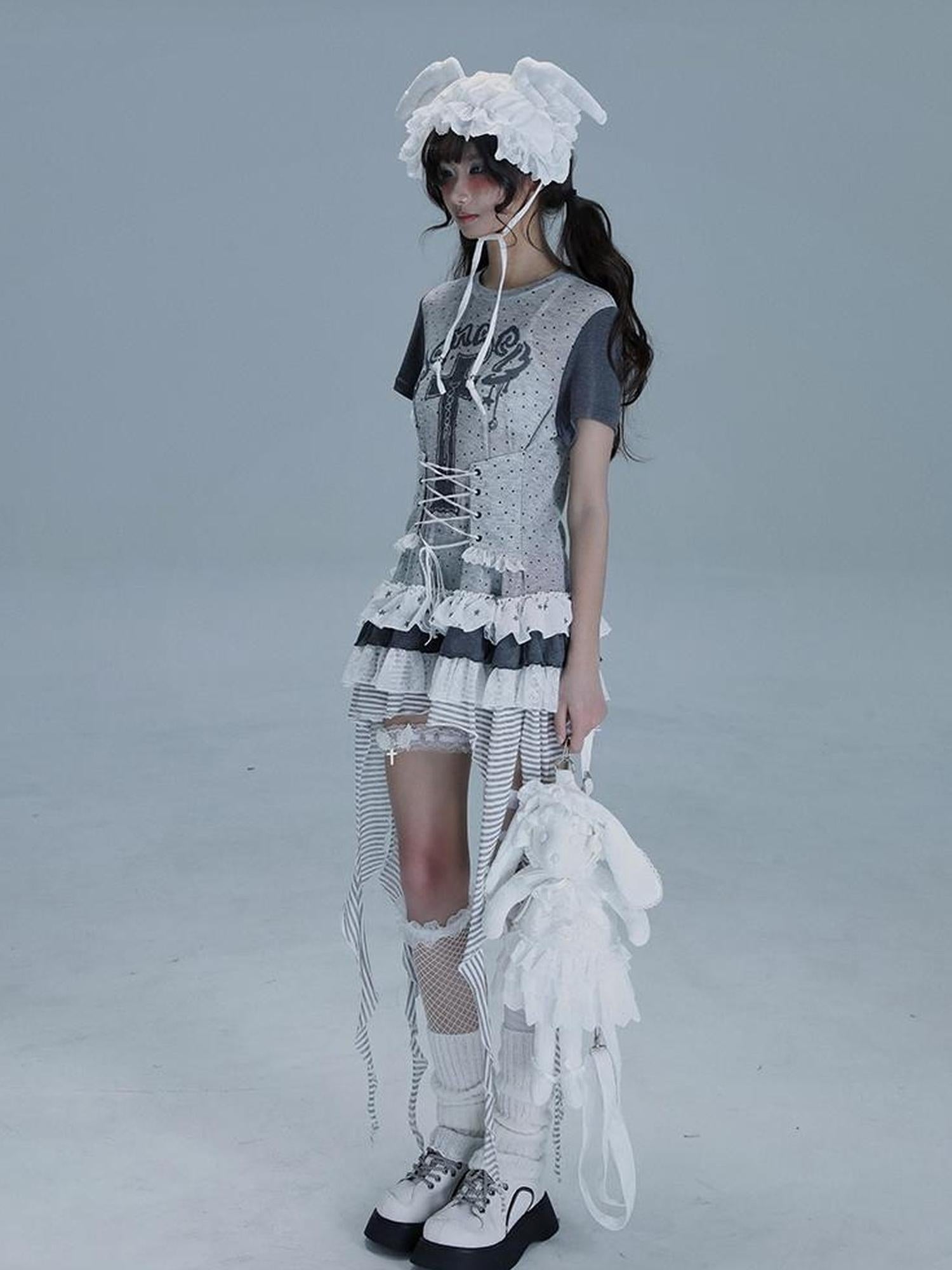 WSW WUSHENWU Tear Garden Asymmetrical Lace Tee Dress