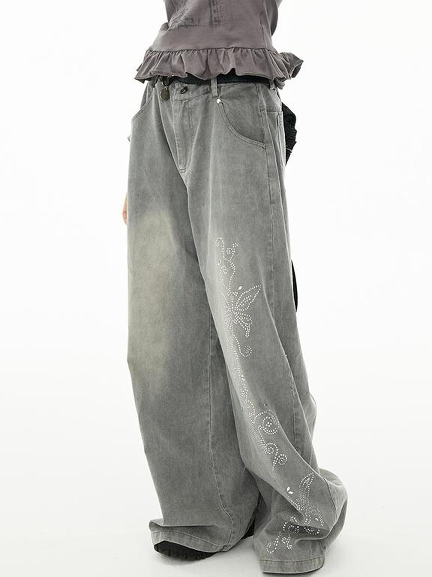 MOMSYCAN FOX LINE Tencel Denim Effect Wide Leg Drag Pants With Rhinestone Wash