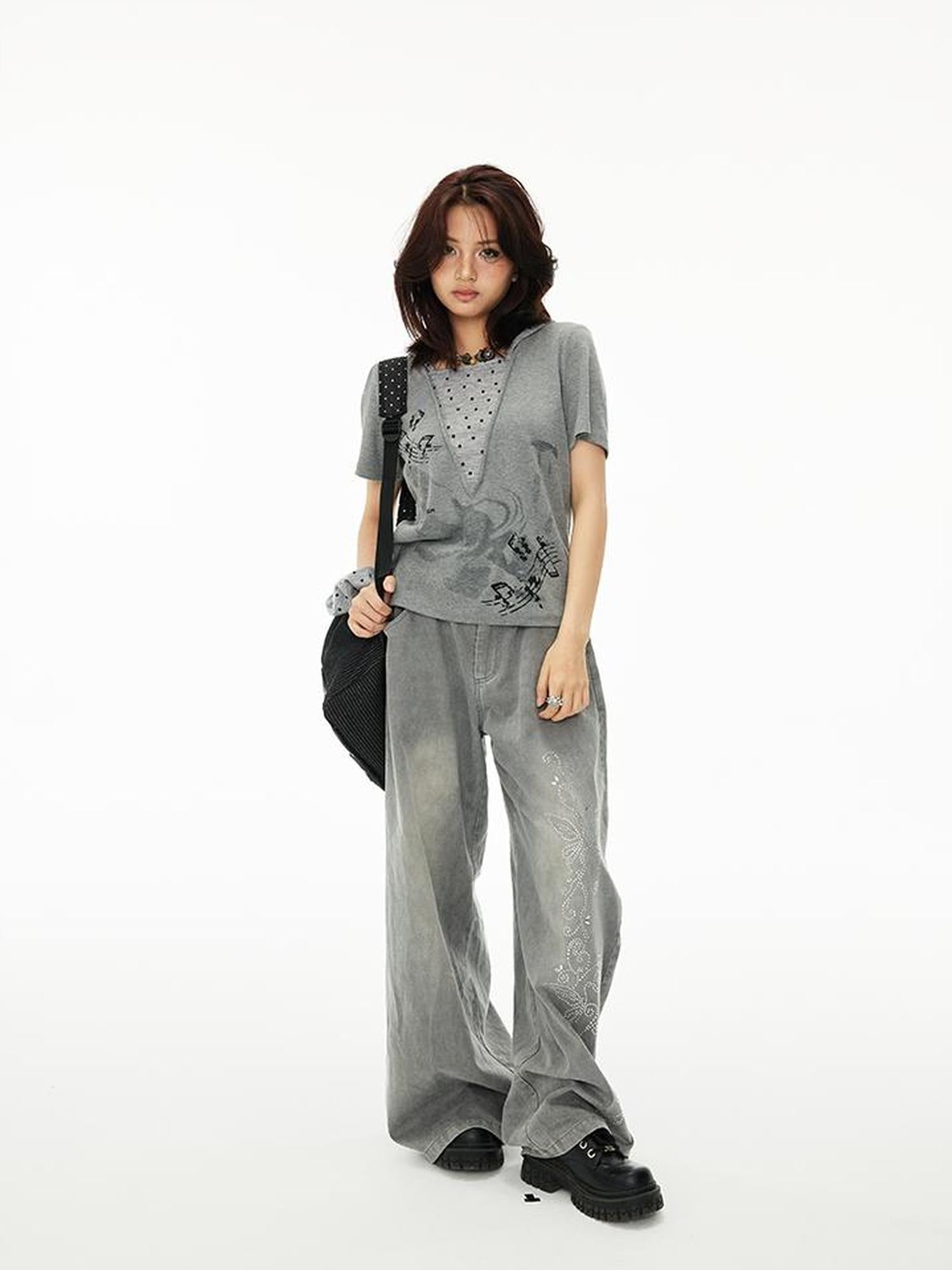 MOMSYCAN FOX LINE Tencel Denim Effect Wide Leg Drag Pants With Rhinestone Wash