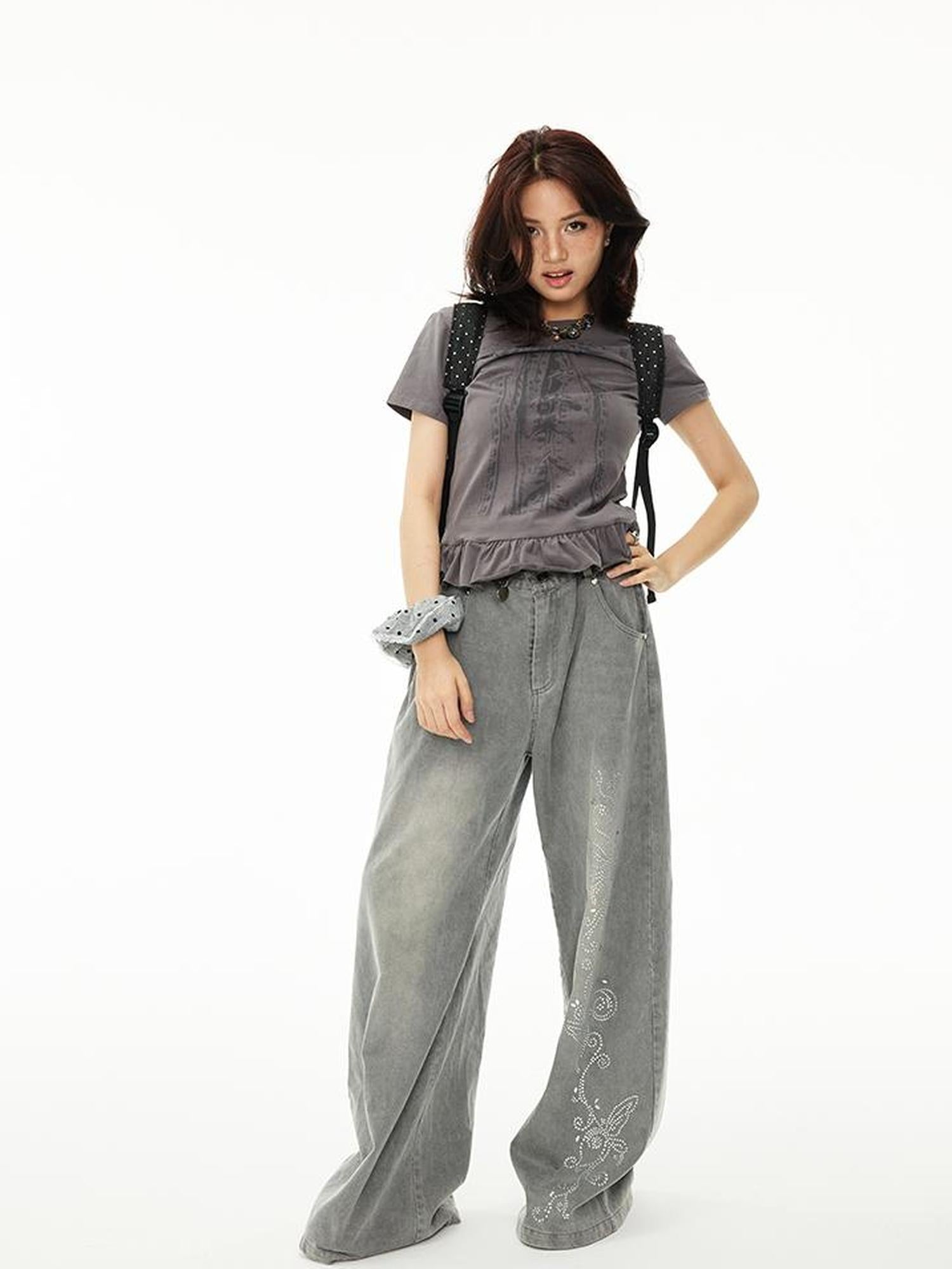 MOMSYCAN FOX LINE Tencel Denim Effect Wide Leg Drag Pants With Rhinestone Wash