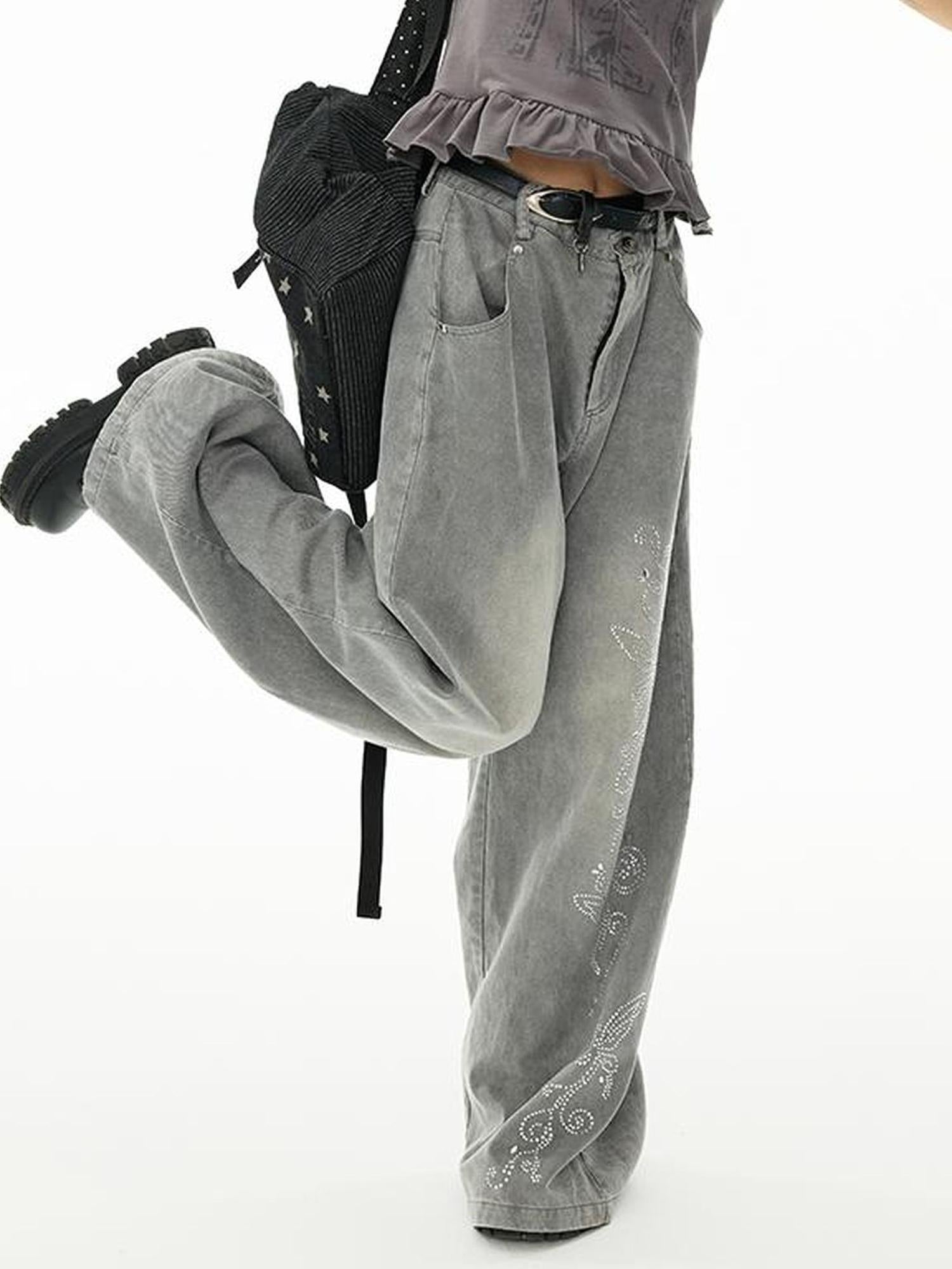 MOMSYCAN FOX LINE Tencel Denim Effect Wide Leg Drag Pants With Rhinestone Wash