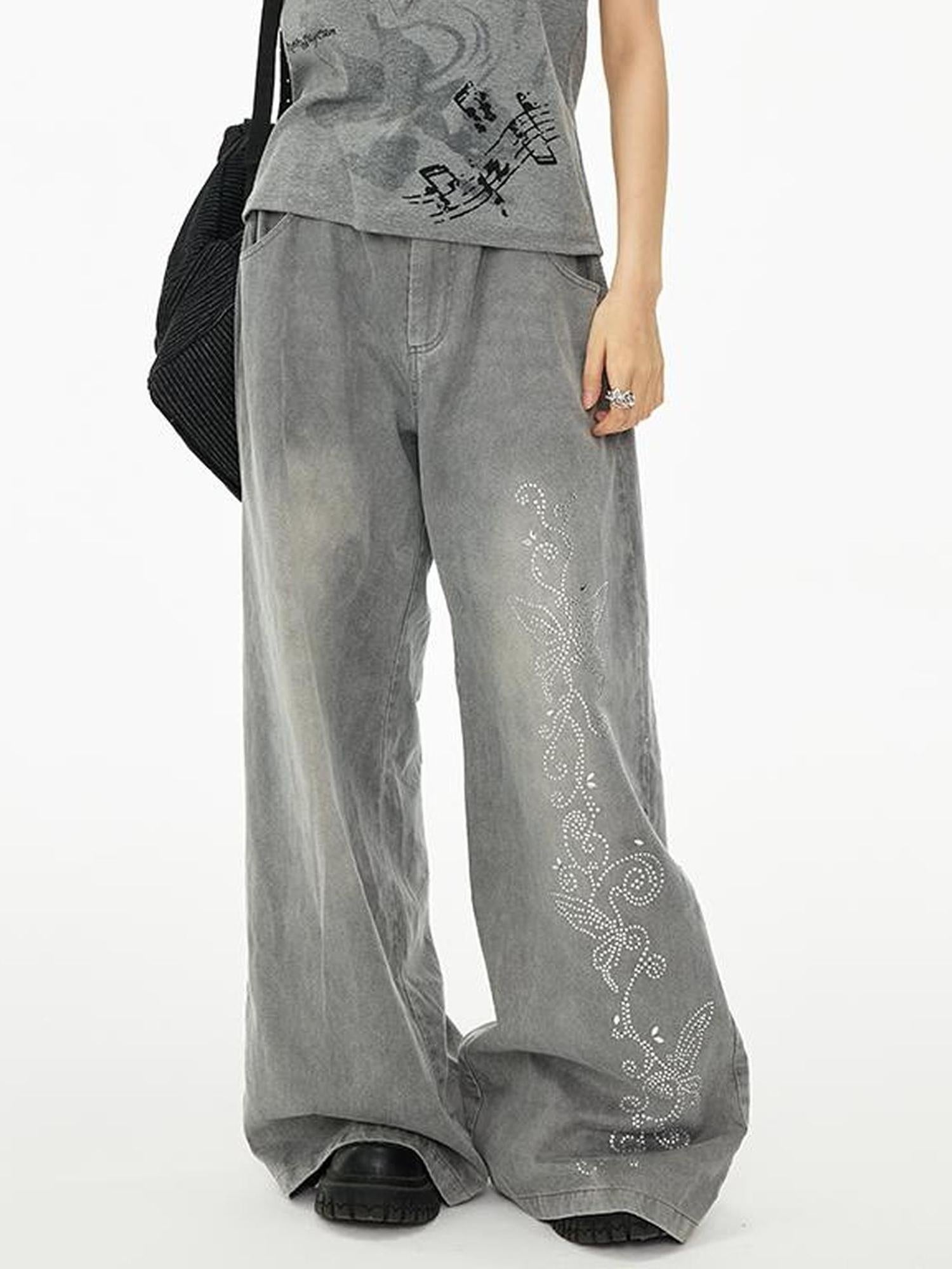 MOMSYCAN FOX LINE Tencel Denim Effect Wide Leg Drag Pants With Rhinestone Wash