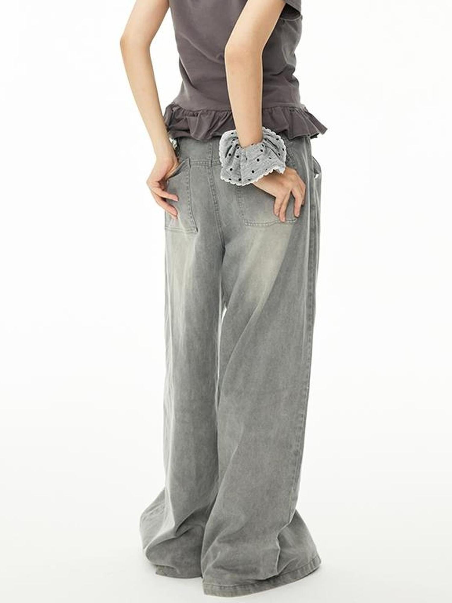 MOMSYCAN FOX LINE Tencel Denim Effect Wide Leg Drag Pants With Rhinestone Wash