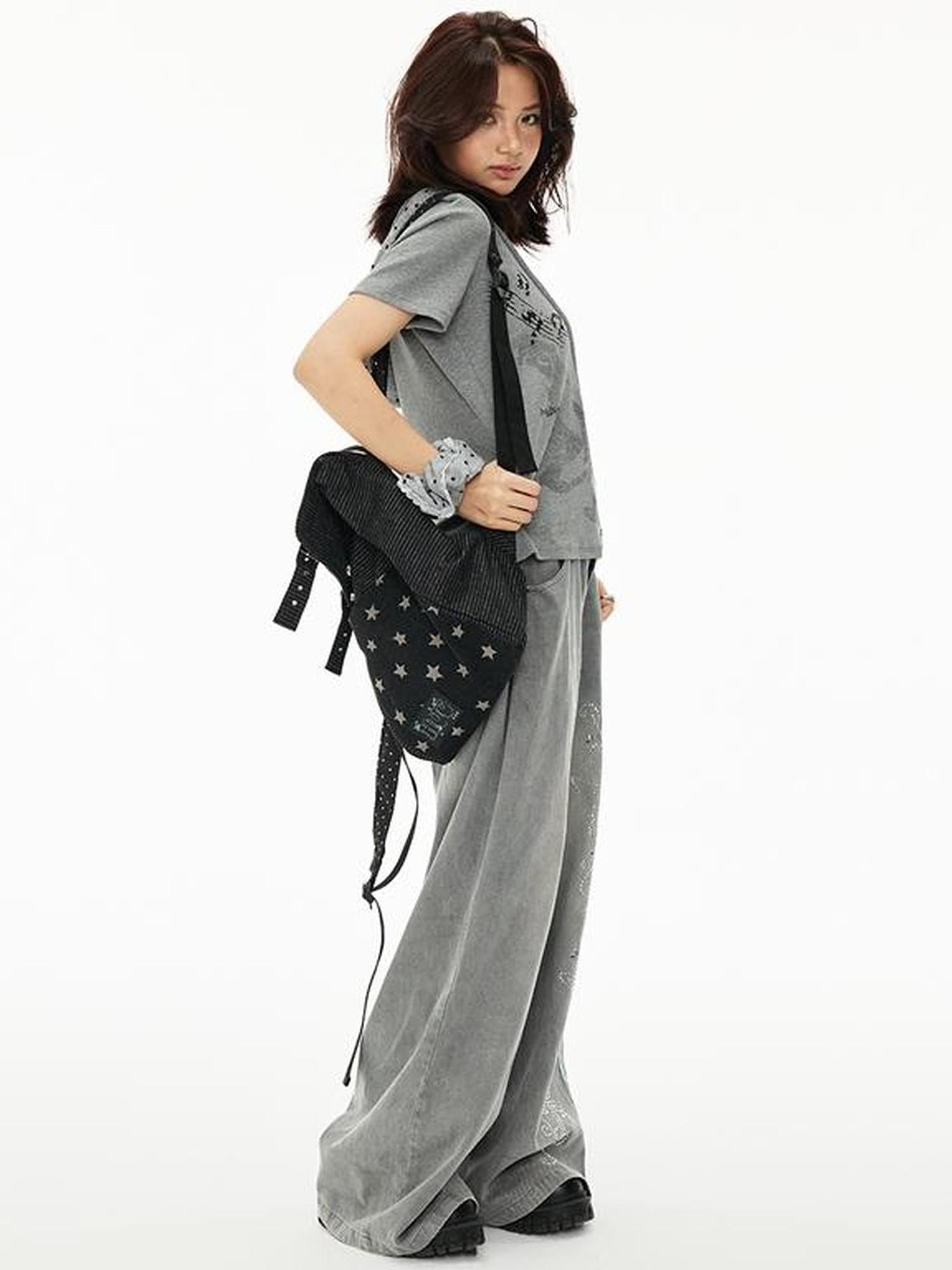 MOMSYCAN FOX LINE Tencel Denim Effect Wide Leg Drag Pants With Rhinestone Wash